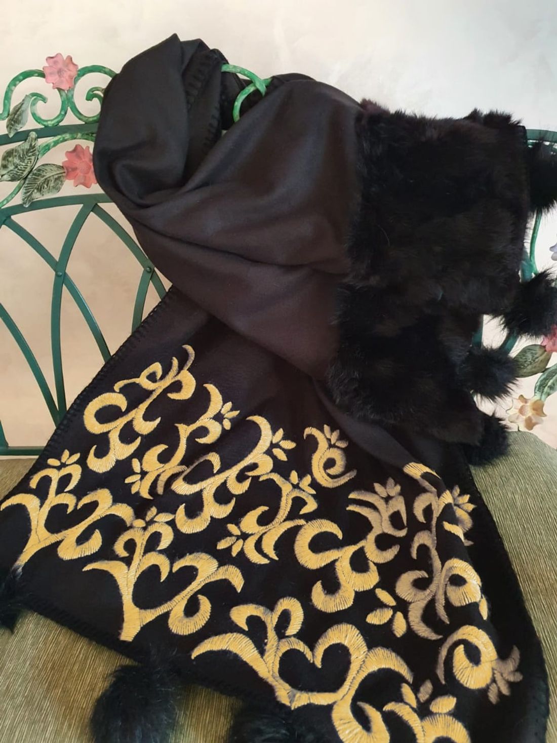 شال صوف — أرابيسك أسود ورمادي — Shawl — Wool Arabesque Black & Grey (4)