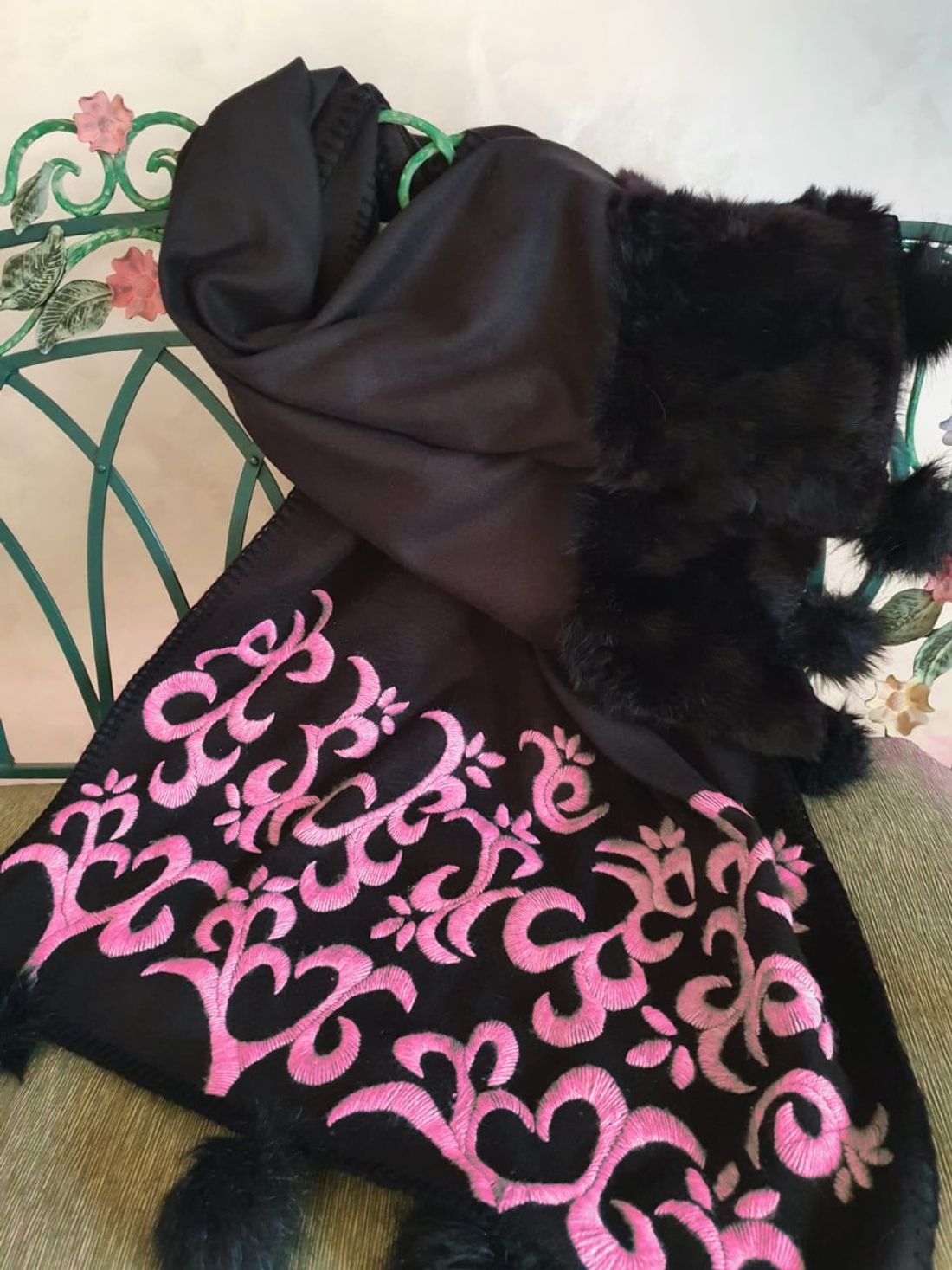 شال صوف — أرابيسك أسود ورمادي — Shawl — Wool Arabesque Black & Grey (6)