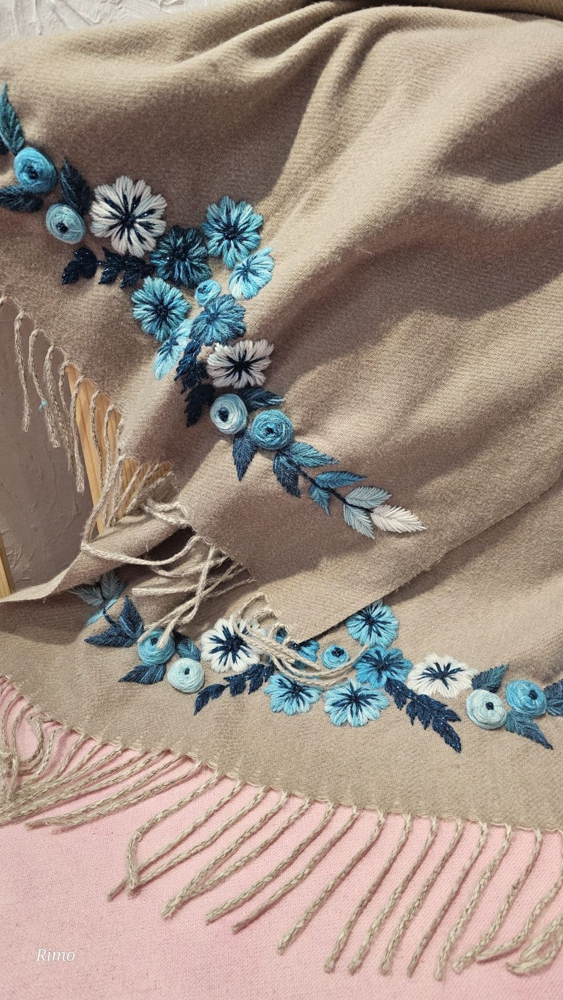 شال — Flowers Applique On 2 Sides .Beige&Blue — Shawl — Flowers Applique On 2 Sides .Beige&Blue (2)