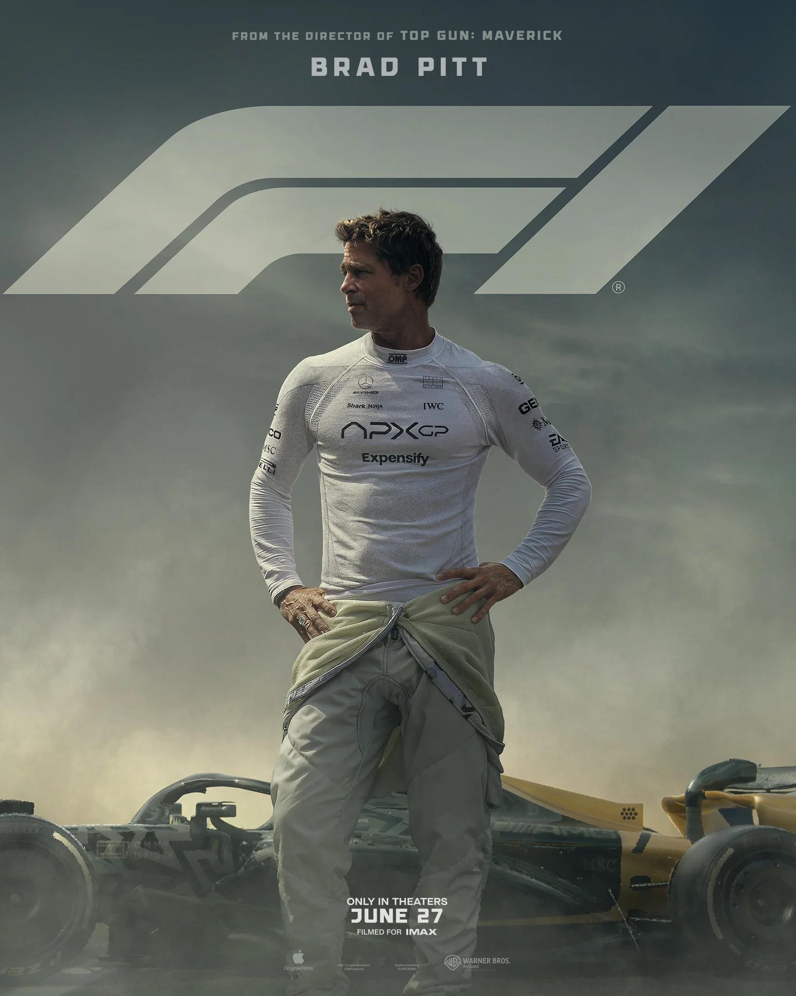 movie poster, title "F1", brad pitt in a white racing suit stands next to a formula one car, with a foggy background. large text at the top reads "from the director of top gun: maverick", Joseph Kosinsky.