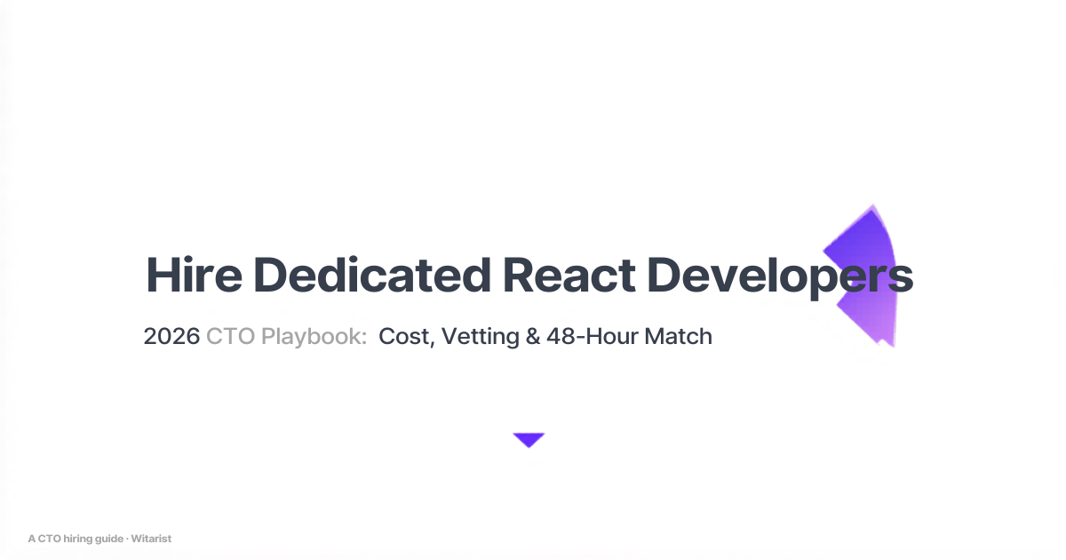 Hire Dedicated React Developers — 2026 CTO Playbook by Witarist showing cost comparison and hiring timeline