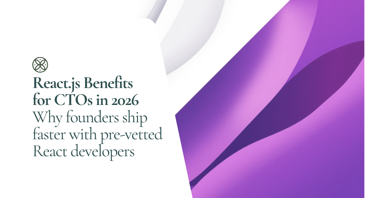 React.js benefits 2026 — Witarist CTO hiring playbook hero illustration with pre-vetted React developers