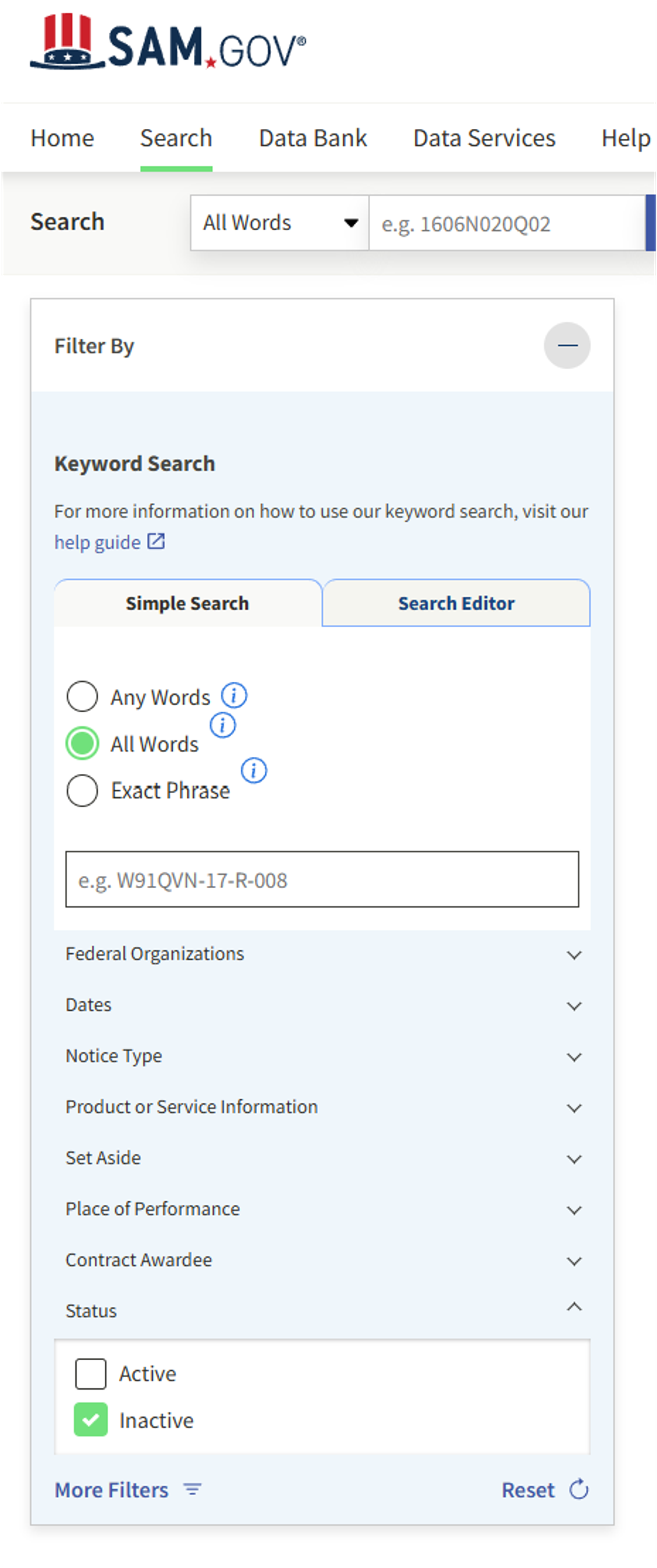 The SAM.gov Contract Opportunities filter panel with the Inactive status checkbox selected to include closed solicitations