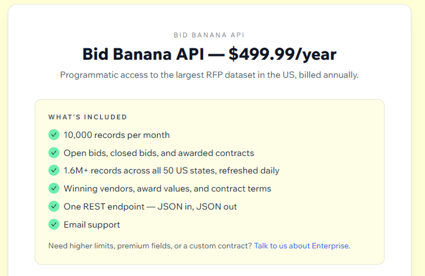 The Bid Banana API checkout, showing the Standard API plan at $499.99 per year.