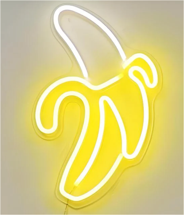 A banana-shaped yellow neon sign glowing on a wall.