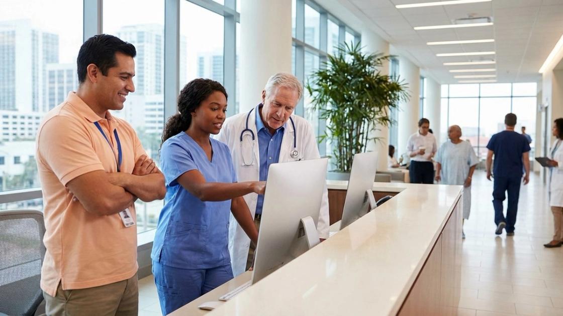 An IT support specialist talking with a nurse and a doctor at a hospital reception desk