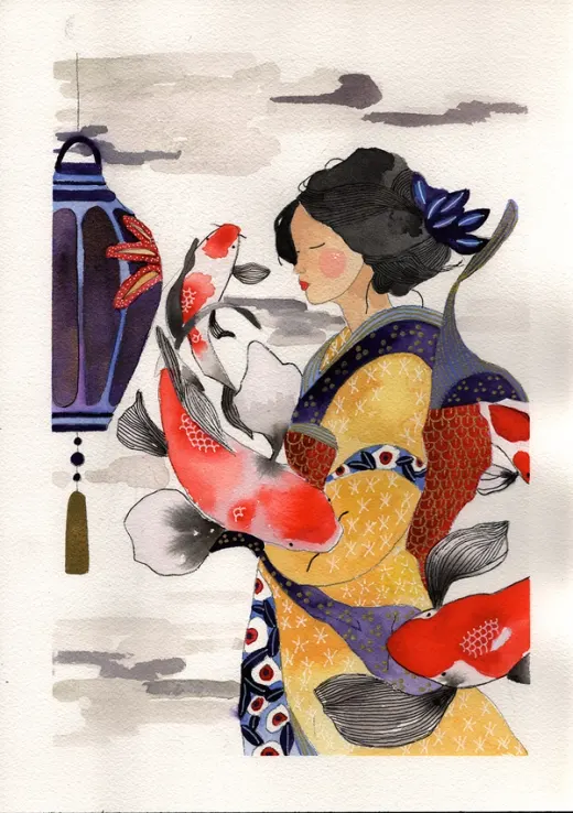 Femme japonaise et carpes KoÏ