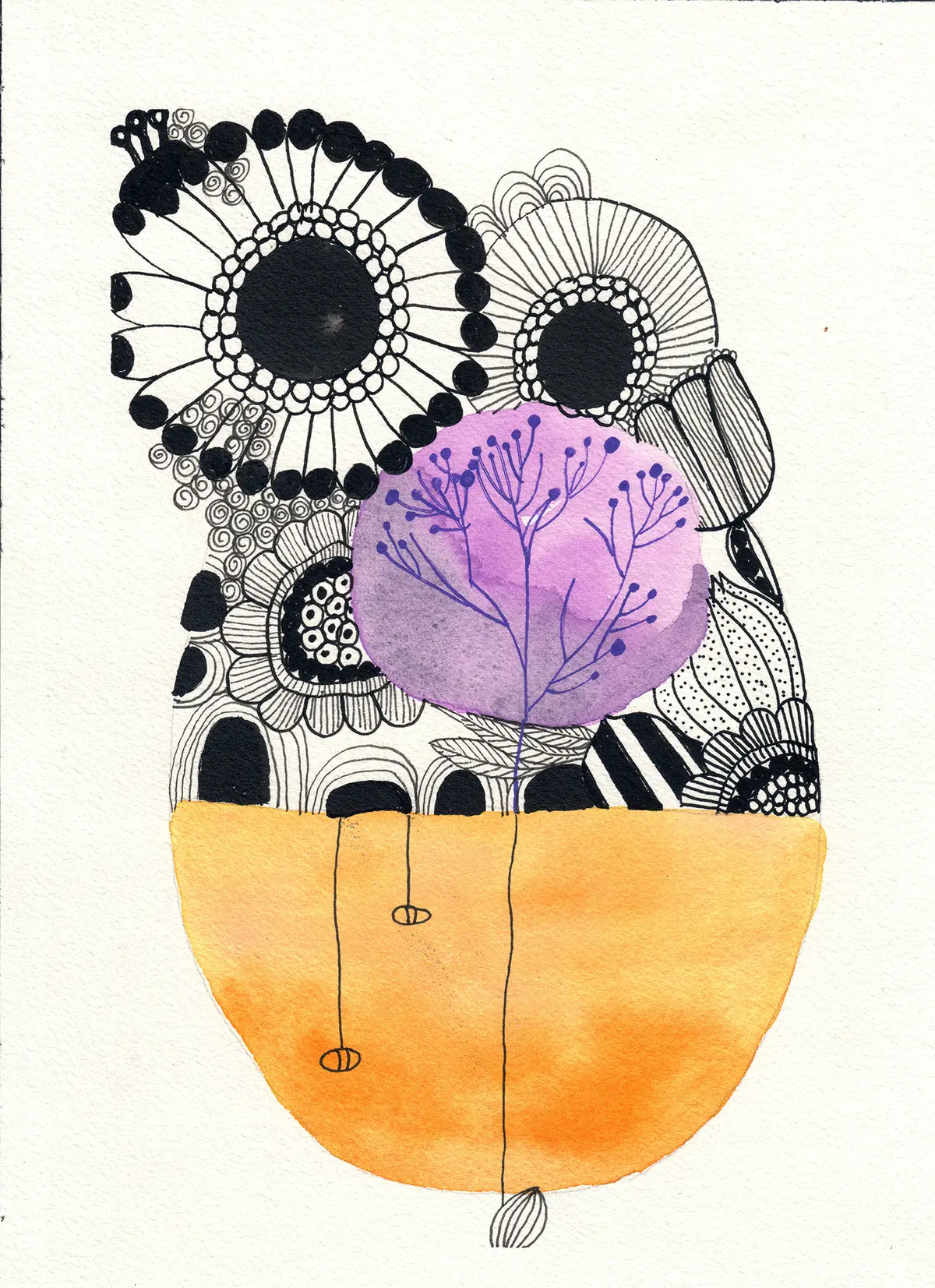 Arbre caillou fleurs noires et blanches