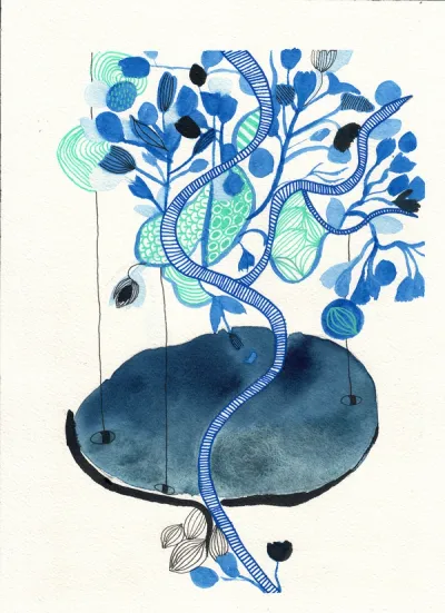 Arbre caillou fleurs bleues