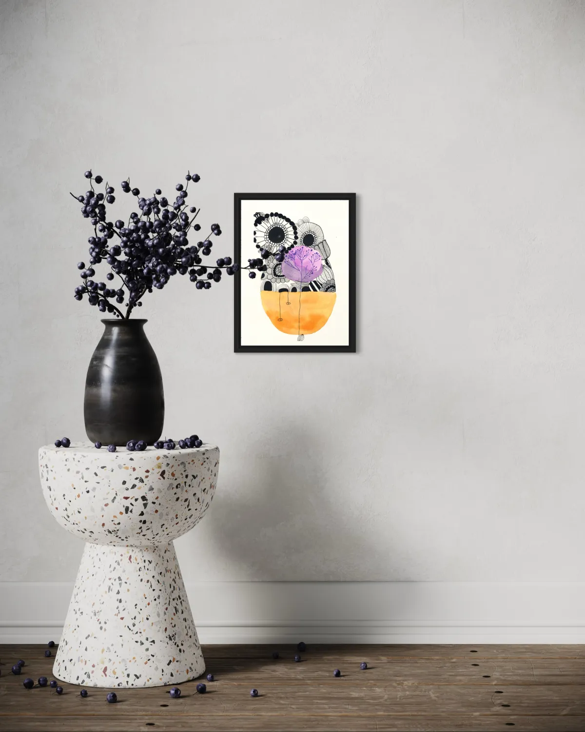 Arbre caillou fleurs noires et blanches — détail 5