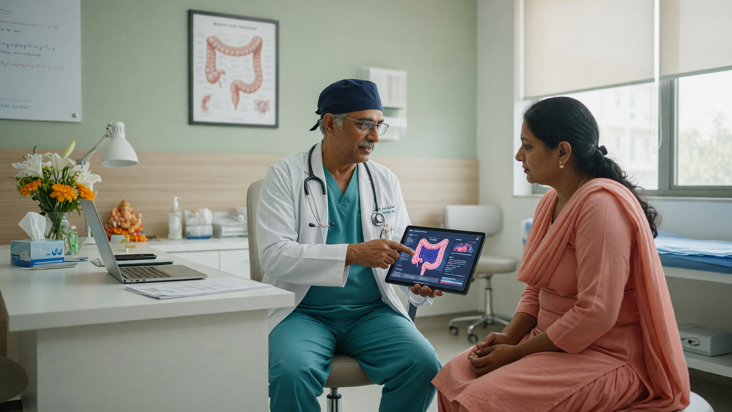 Surgeon consulting patient about piles surgery cost in Hyderabad at a modern hospital