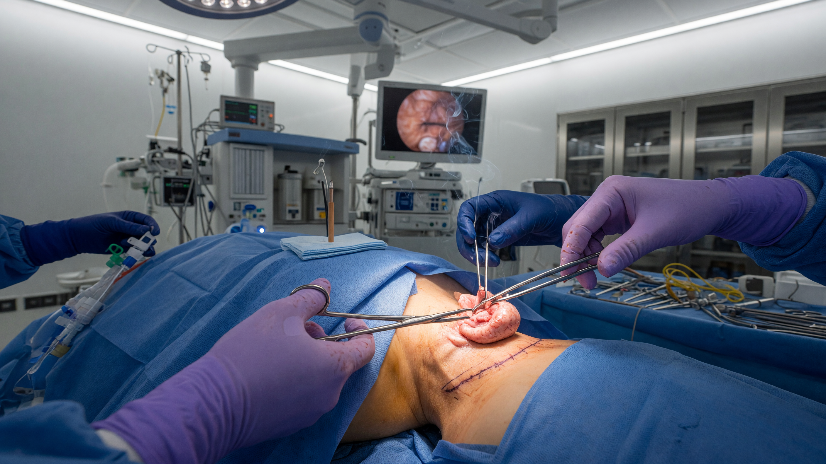 Surgeon performing a thyroidectomy procedure on a patient's neck in a modern operating room