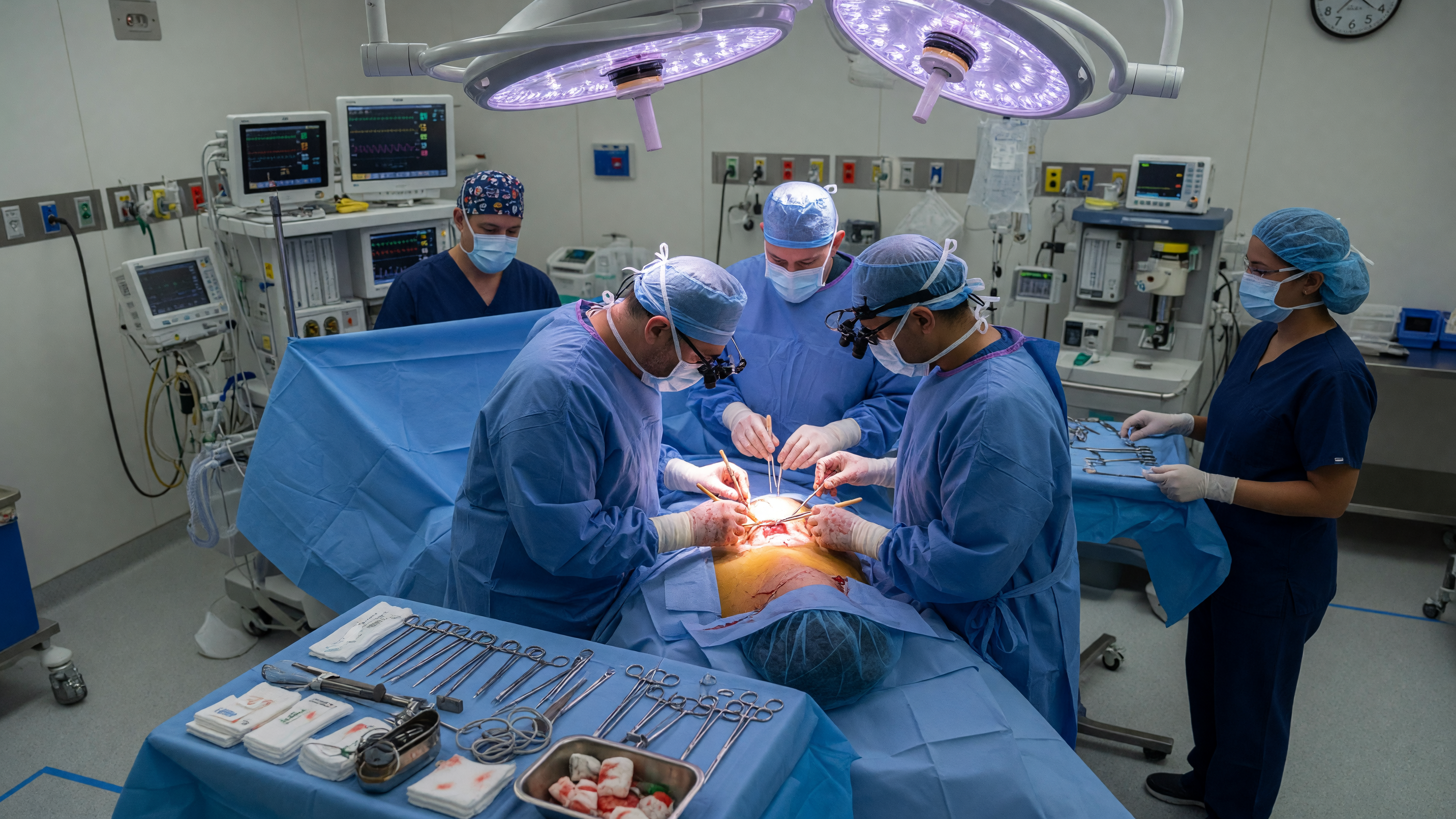 Surgeon performing a thyroidectomy on a patient's neck in a modern operating room