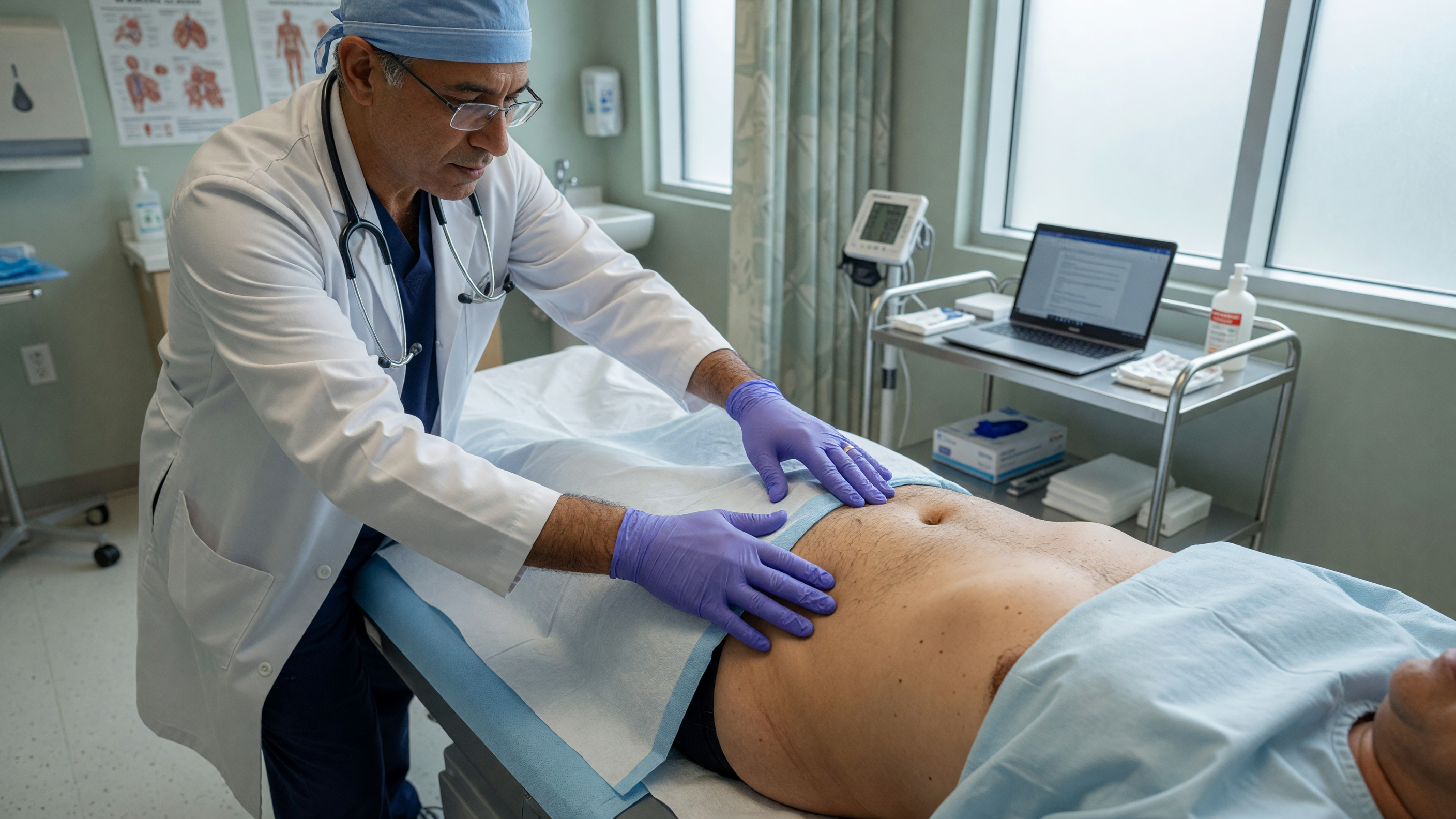 Doctor examining a patient's abdomen for a hernia without pain at Lux Hospitals