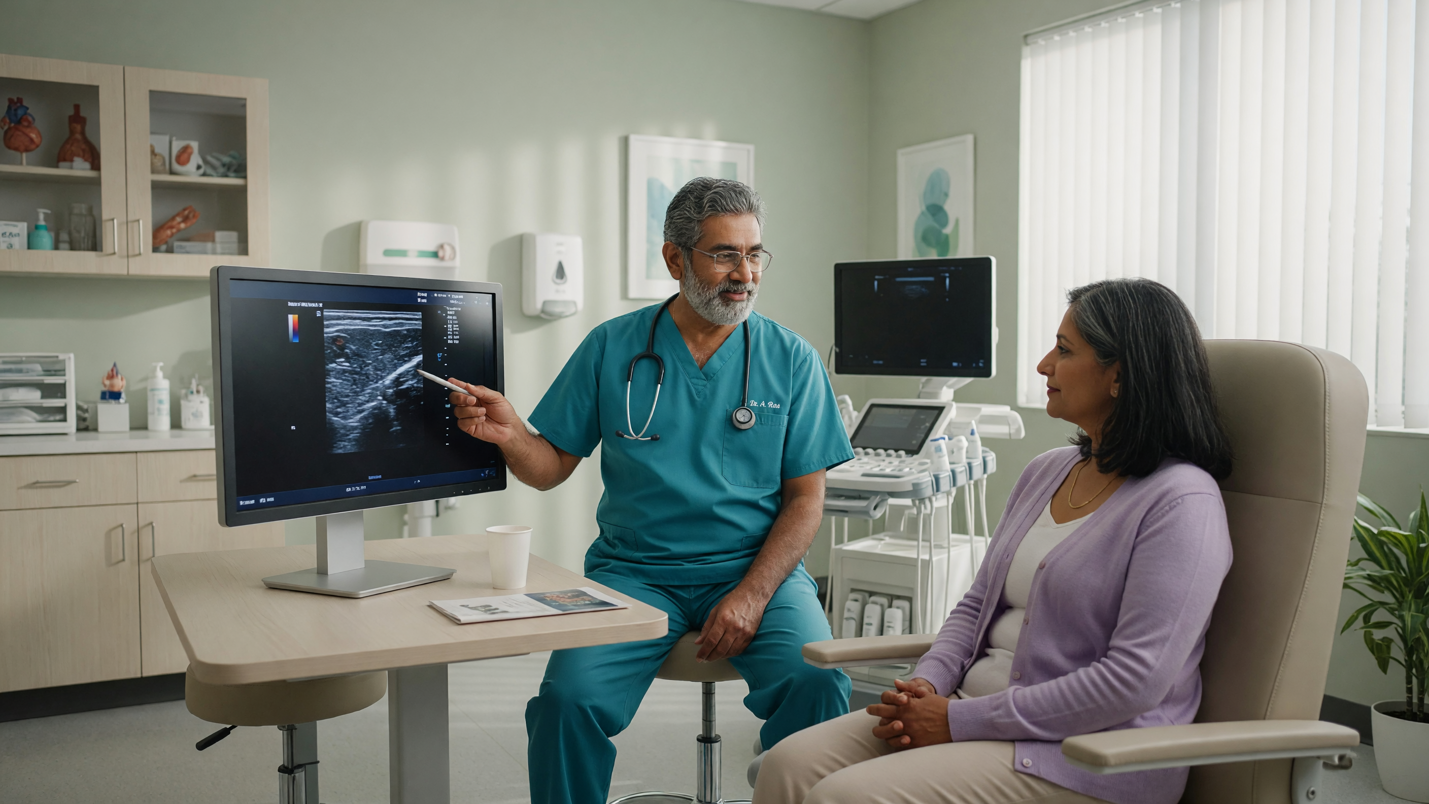 Surgeon explaining thyroid surgery cost in Hyderabad to a patient reviewing neck scan reports