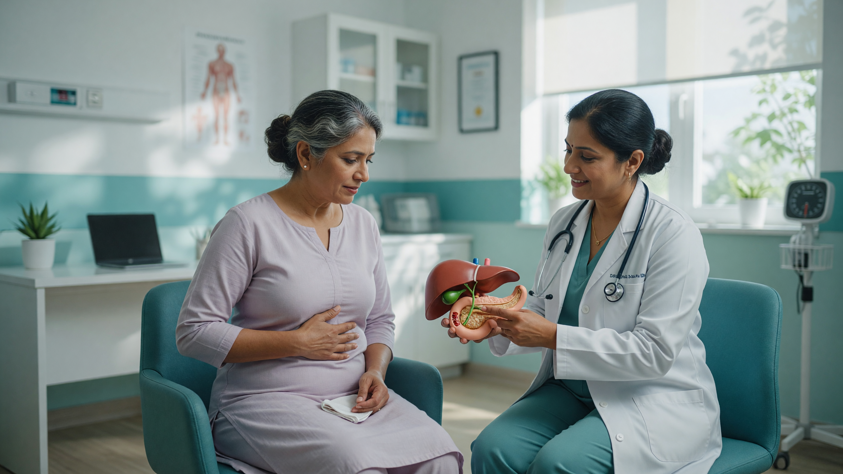 Doctor explaining gallstone symptoms to a patient holding her upper right abdomen during a consultation