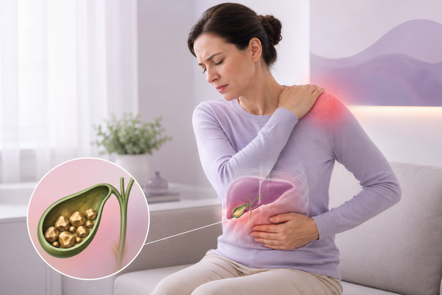 Illustration showing gallstones and back pain radiating to the right shoulder blade