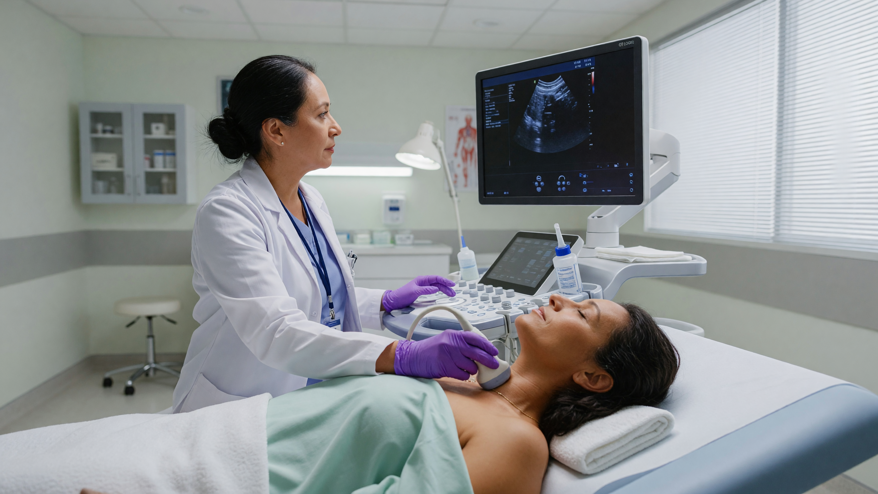Doctor examining a patient's neck to compare thyroid nodule vs cyst during ultrasound