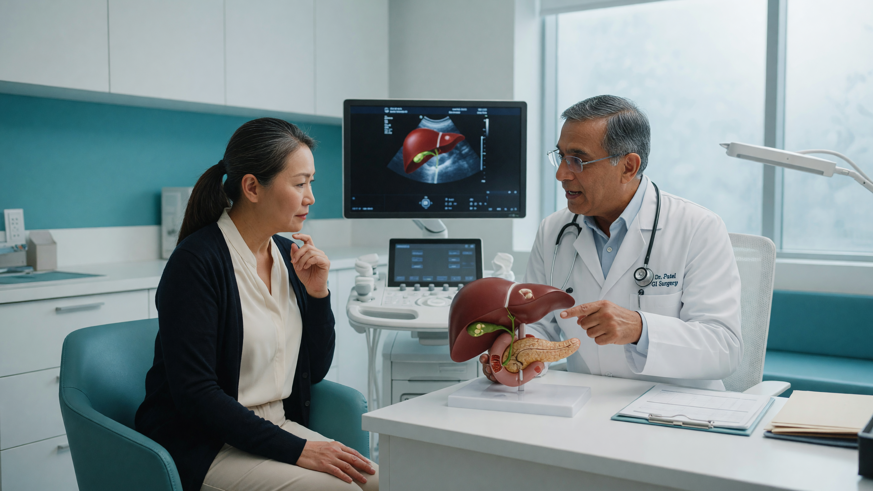 Doctor explaining gallstone causes and risk factors to a patient using a gallbladder model at Lux Hospitals