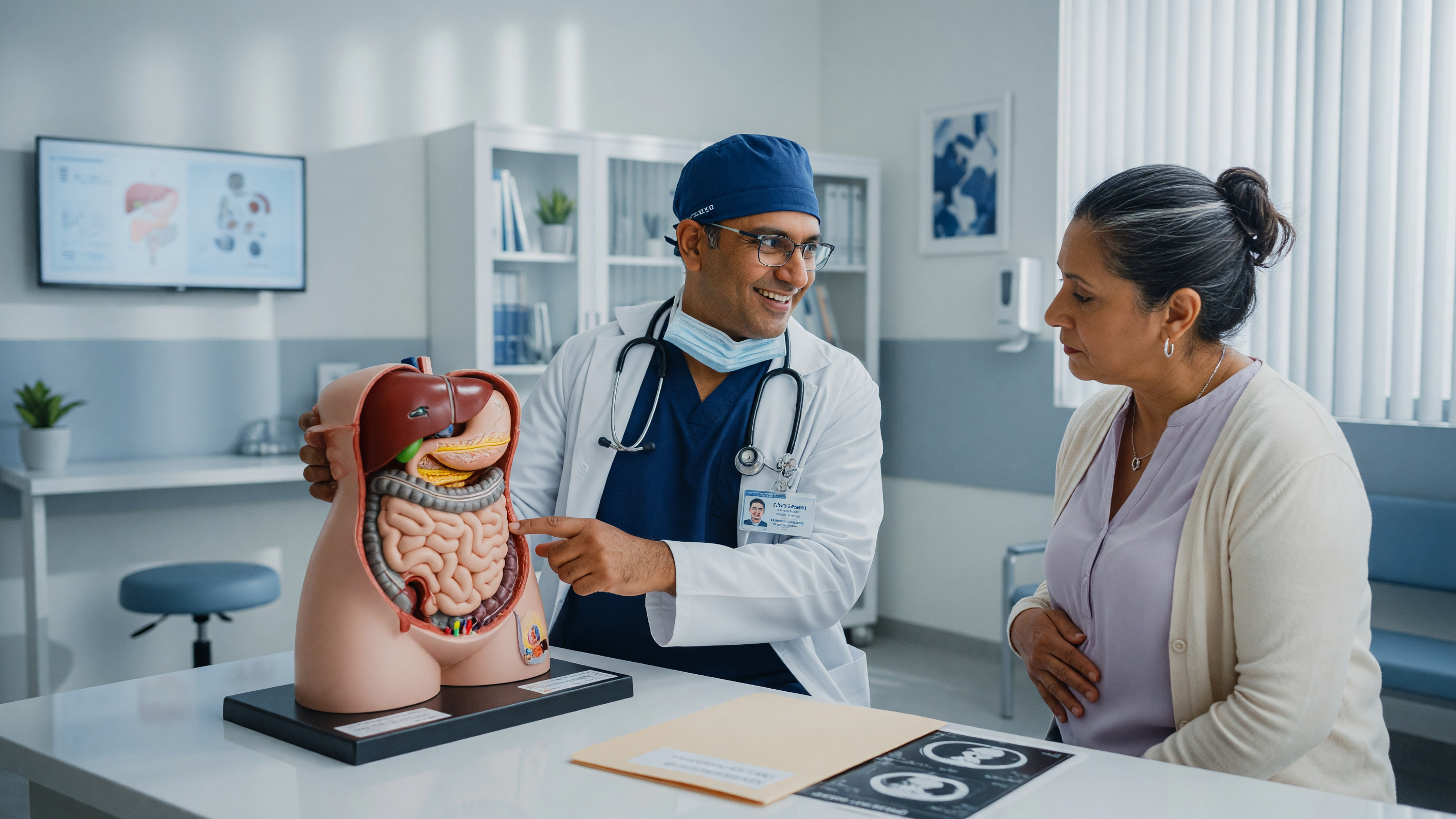 Doctor explaining hernia causes and abdominal wall weakness to a patient at Lux Hospitals