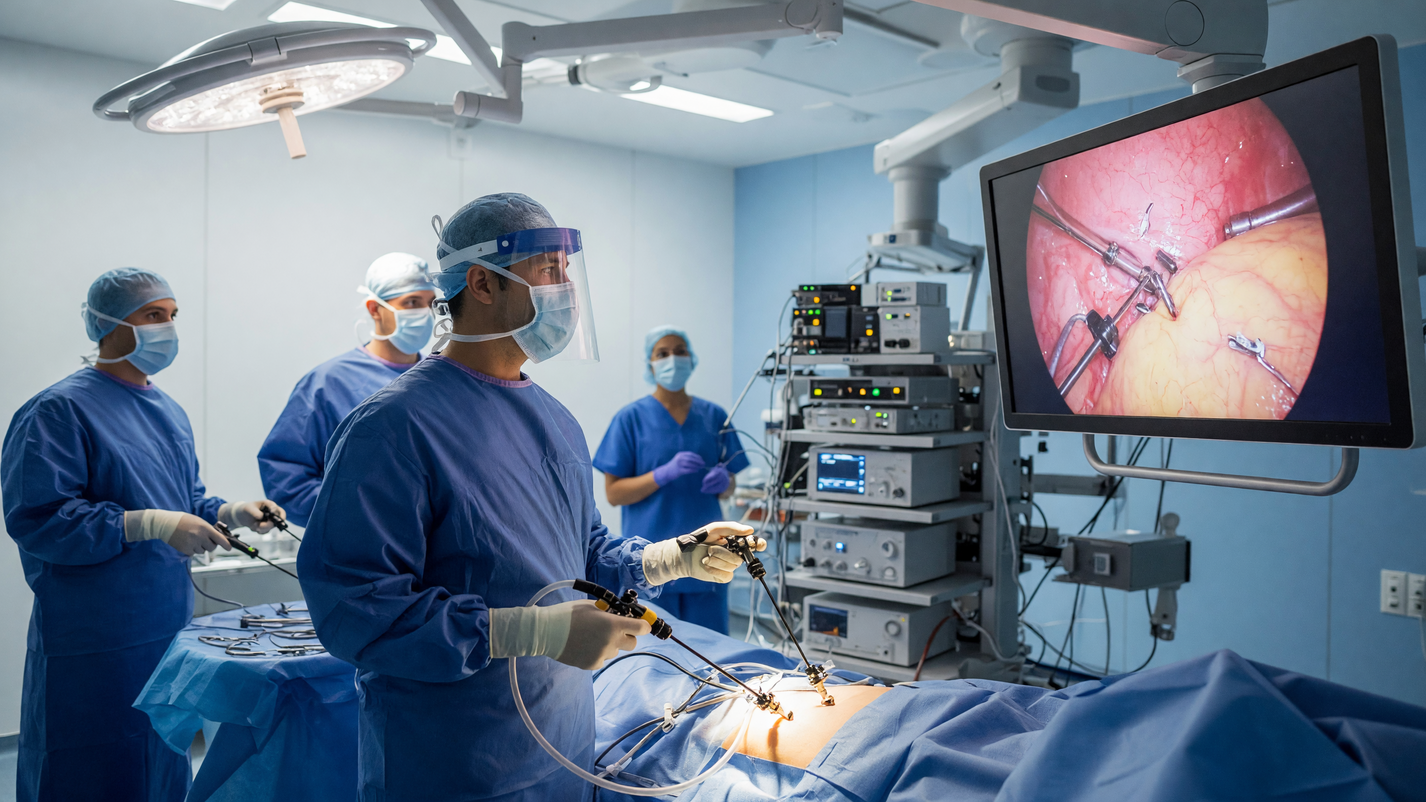 Surgeons performing minimally invasive keyhole surgery showing laparoscopic surgery benefits over open surgery