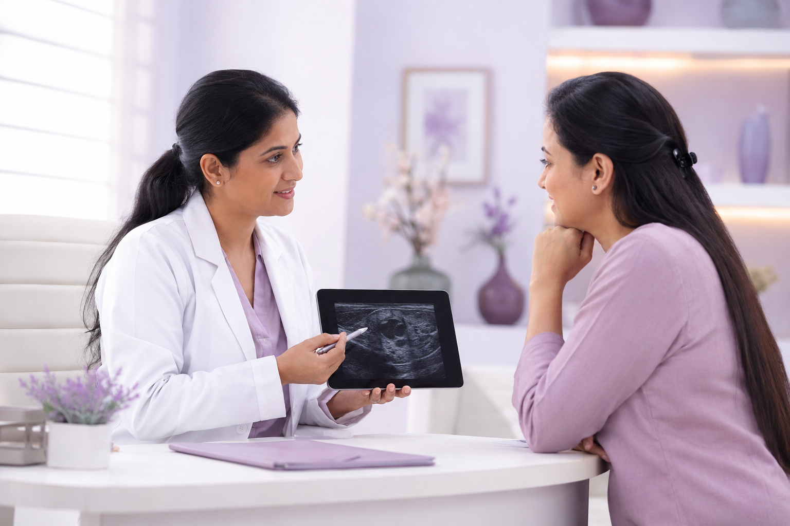 Doctor performing breast ultrasound during breast cyst treatment evaluation at a hospital