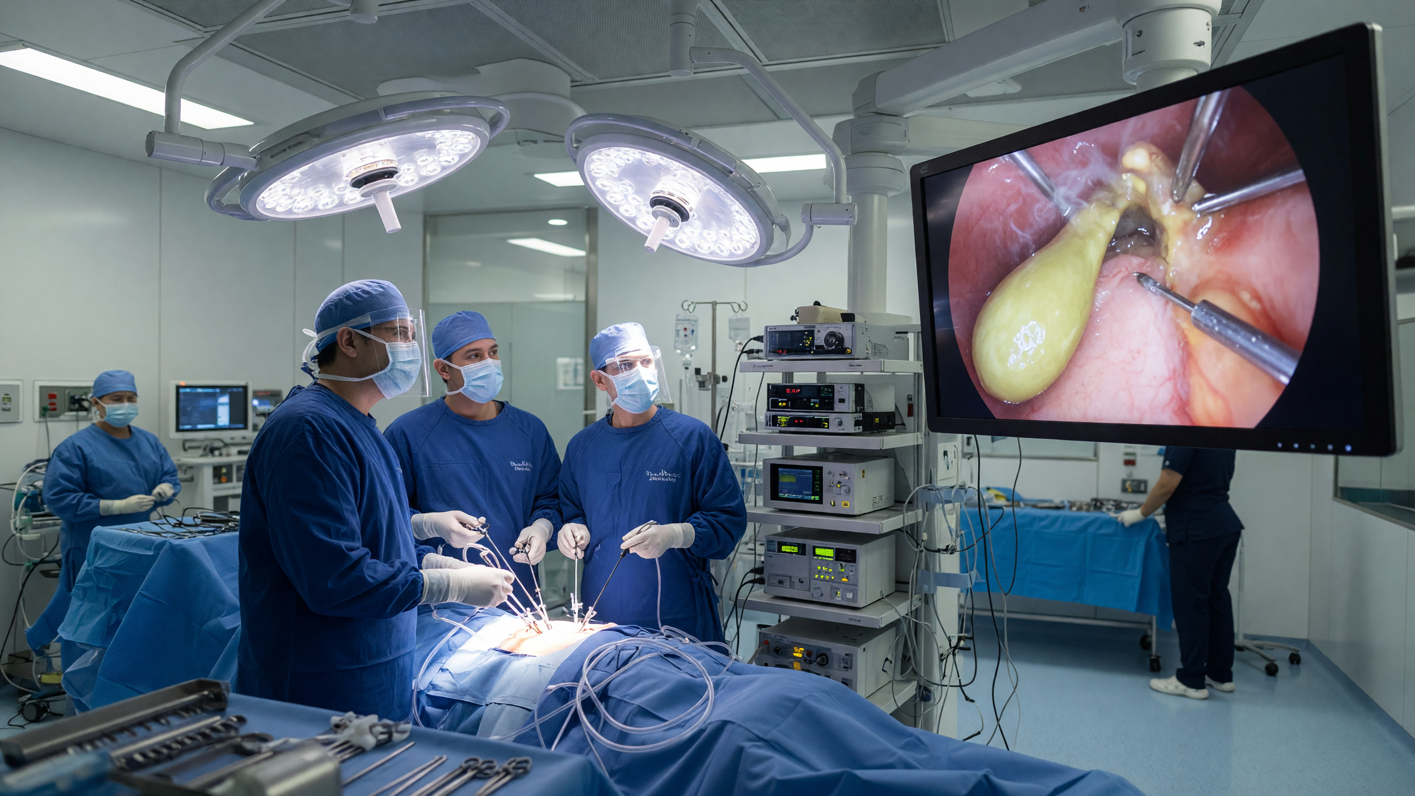 Surgeons performing laparoscopic gallbladder surgery using minimally invasive keyhole technique