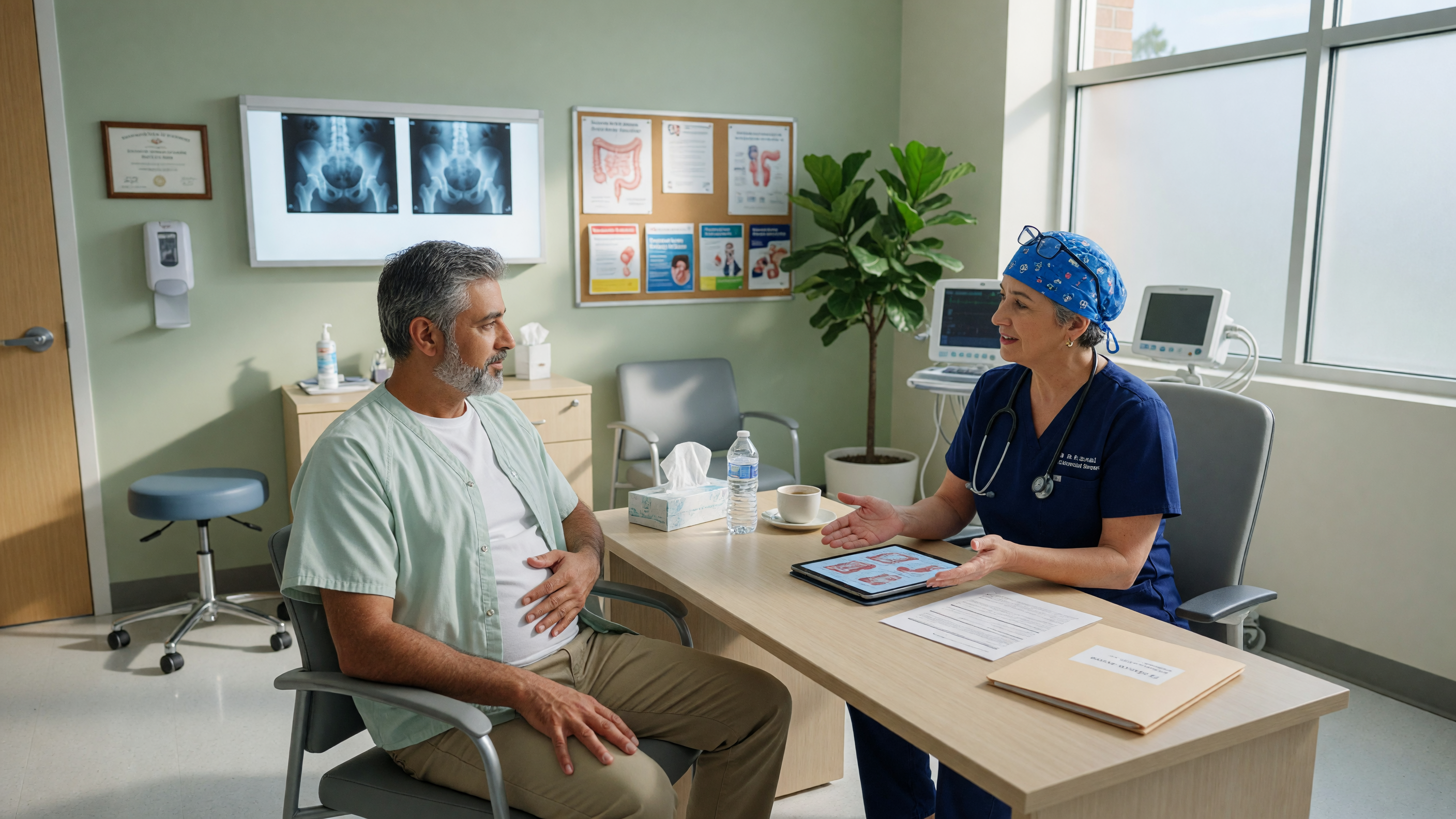 Surgeon consulting patient about anal fistula surgery in Hyderabad at a modern hospital