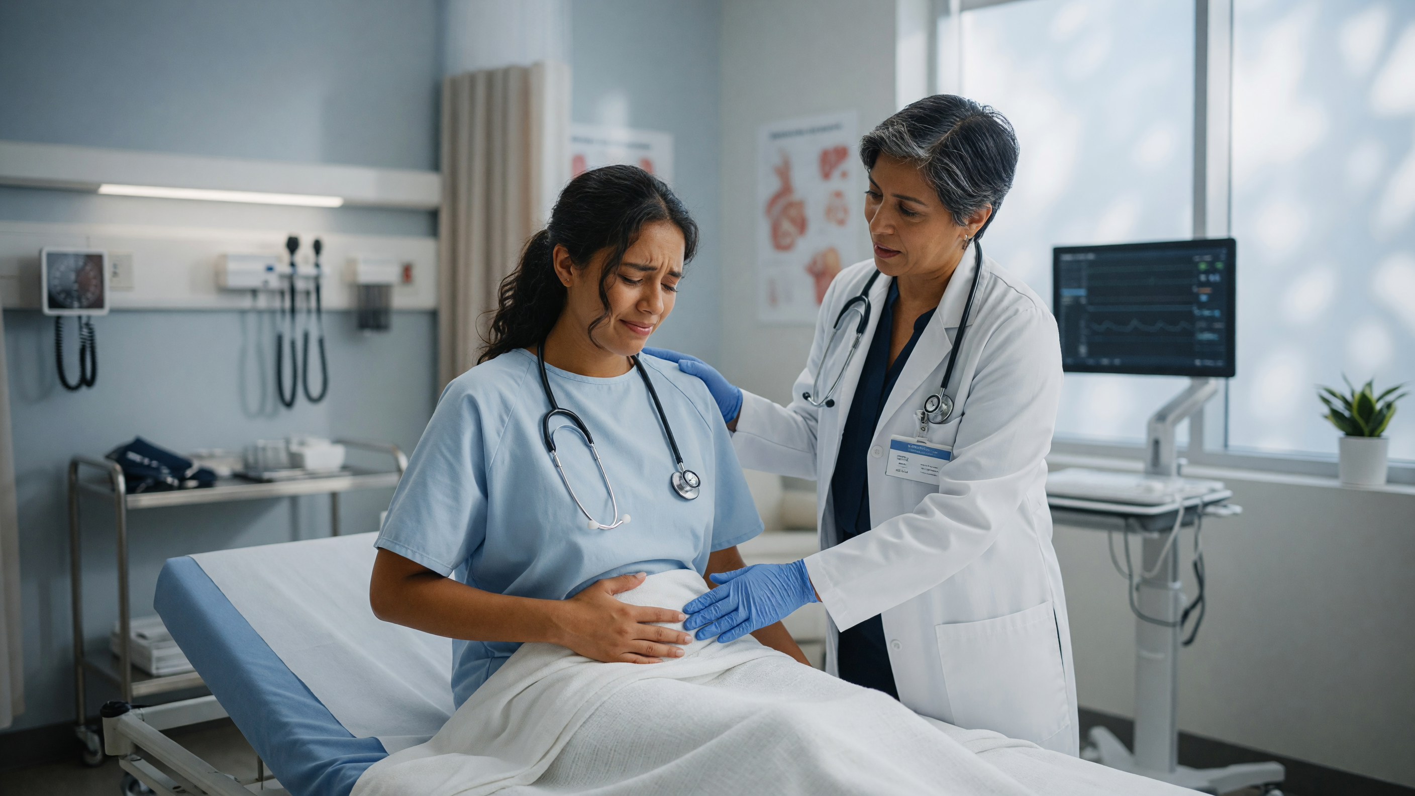 Patient holding lower right abdomen showing common appendicitis symptoms during a doctor consultation
