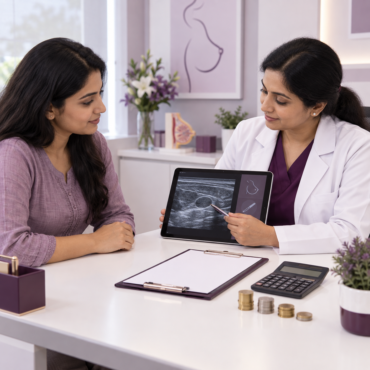 Surgeon consulting a patient about fibroadenoma surgery cost in Hyderabad at a modern hospital