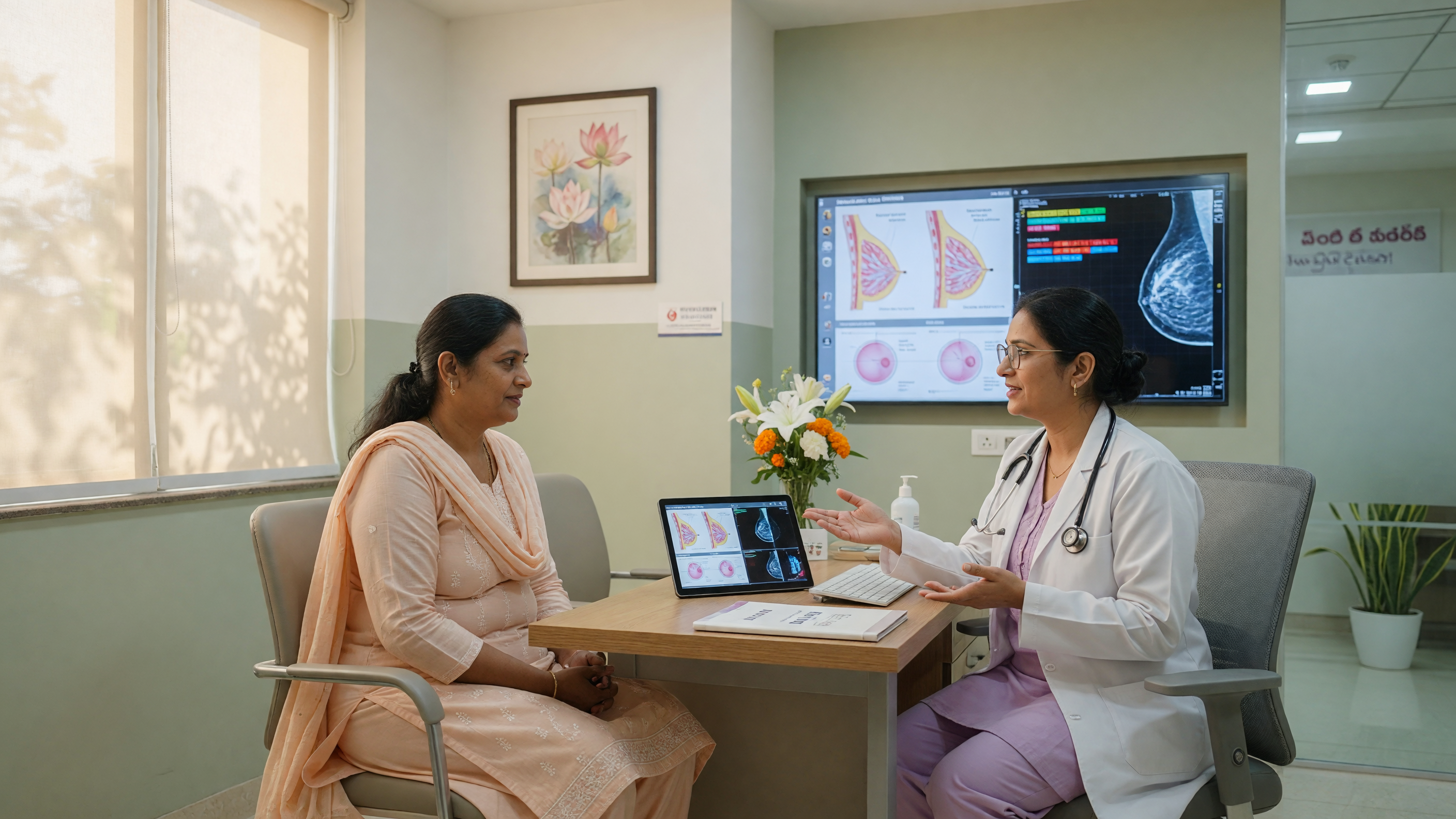Surgeon consulting patient about breast lump removal cost in Hyderabad
