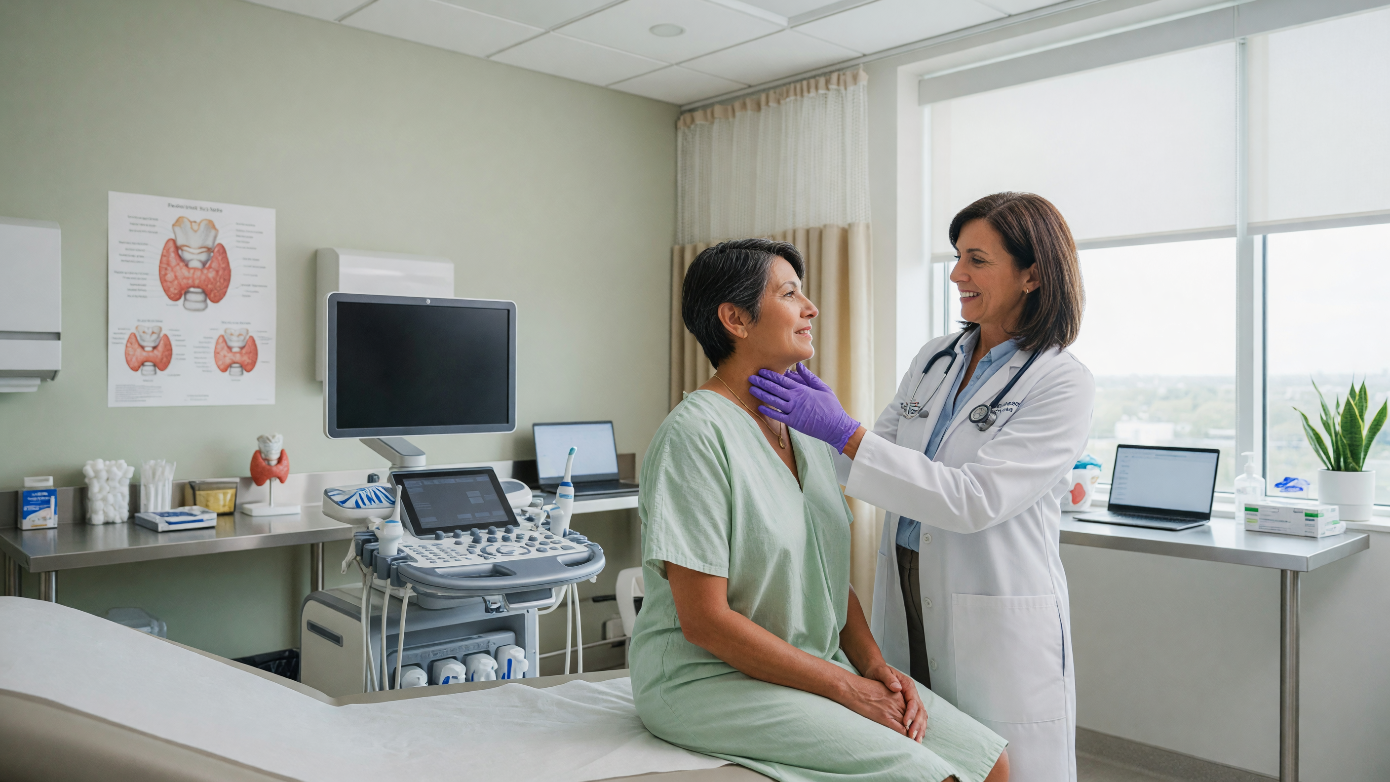 Doctor examining a patient's neck for thyroid nodule symptoms during a consultation