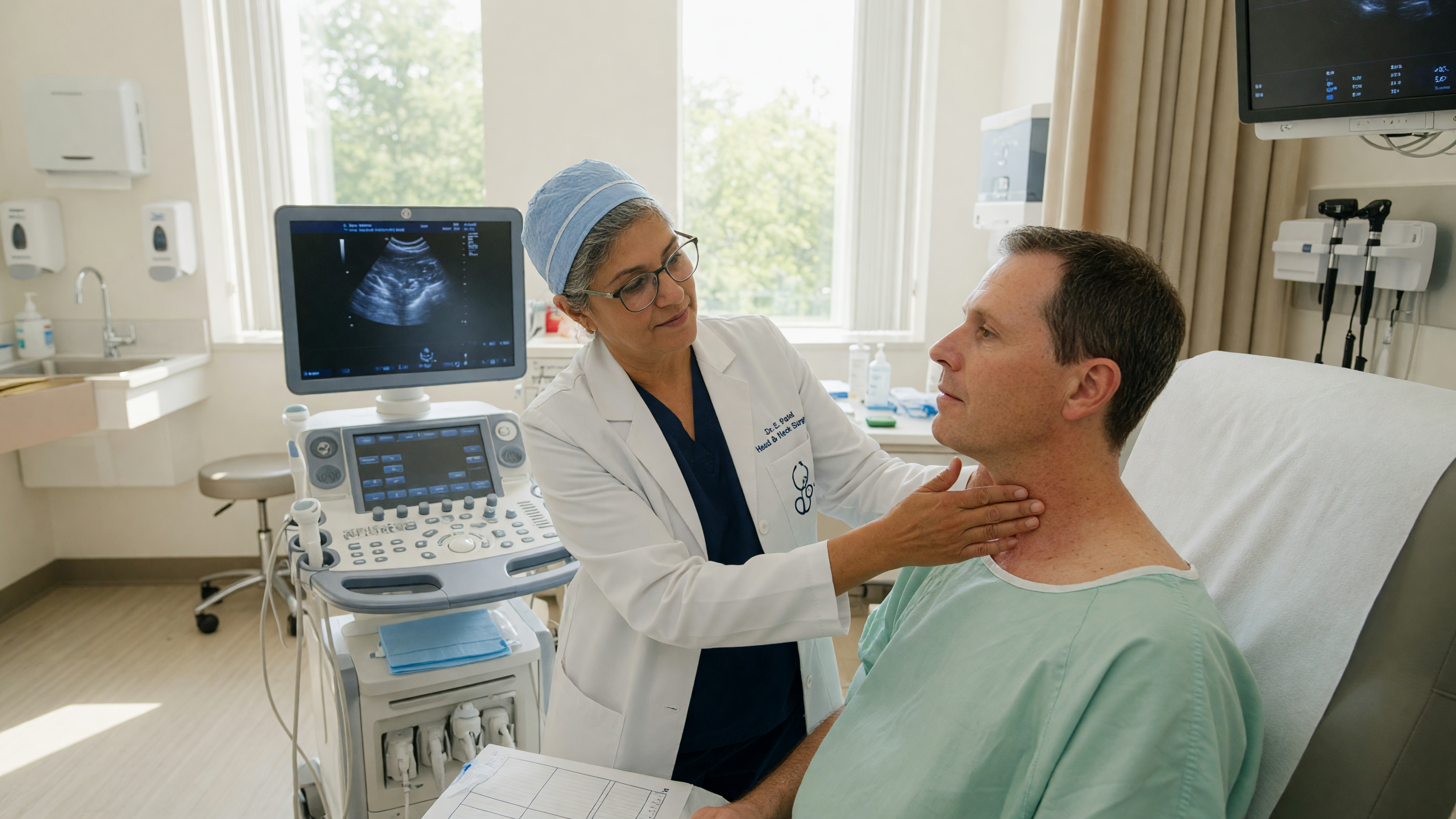 Surgeon examining a patient's neck during thyroid nodule treatment consultation
