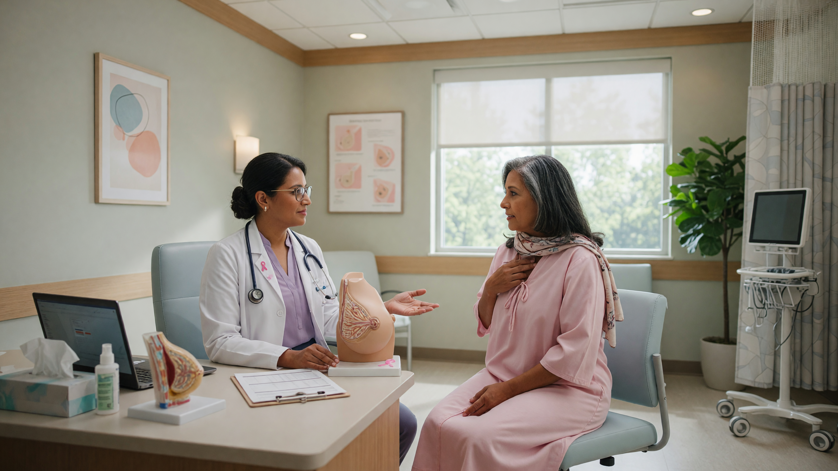 Doctor examining a patient for a breast lump during a clinical breast examination