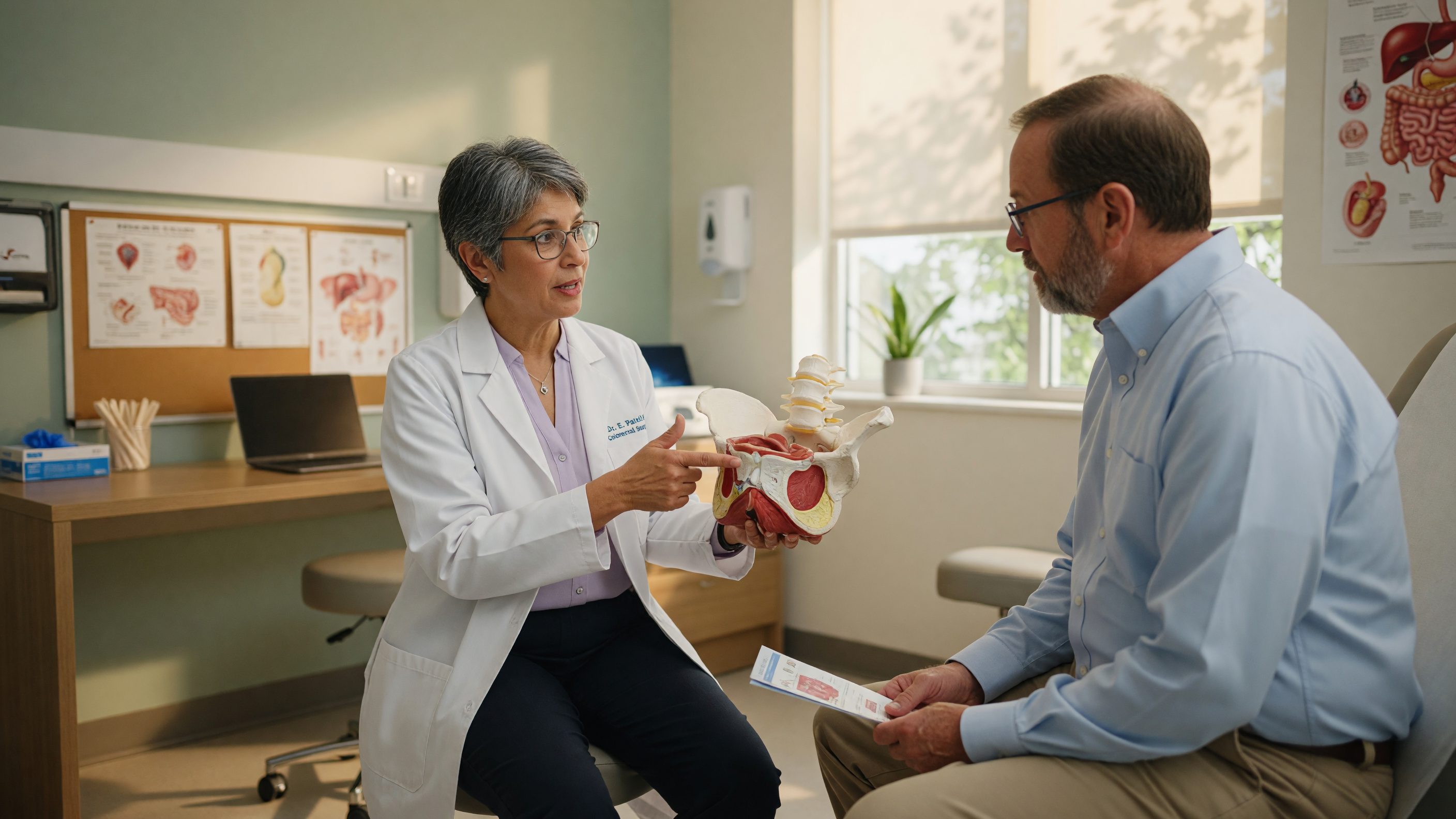 Doctor explaining early rectal prolapse symptoms to a patient in a hospital consultation