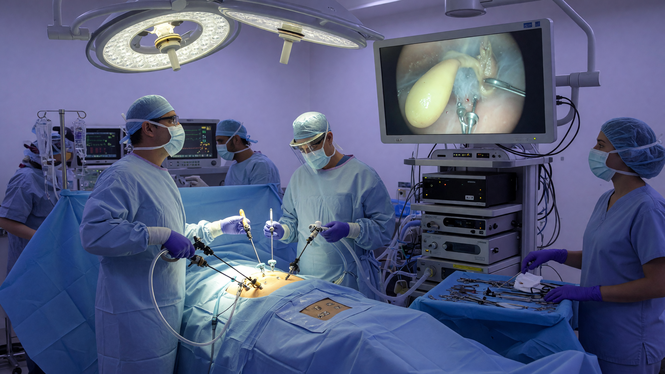 Surgeon performing laparoscopic gallbladder surgery using keyhole instruments in an operating room