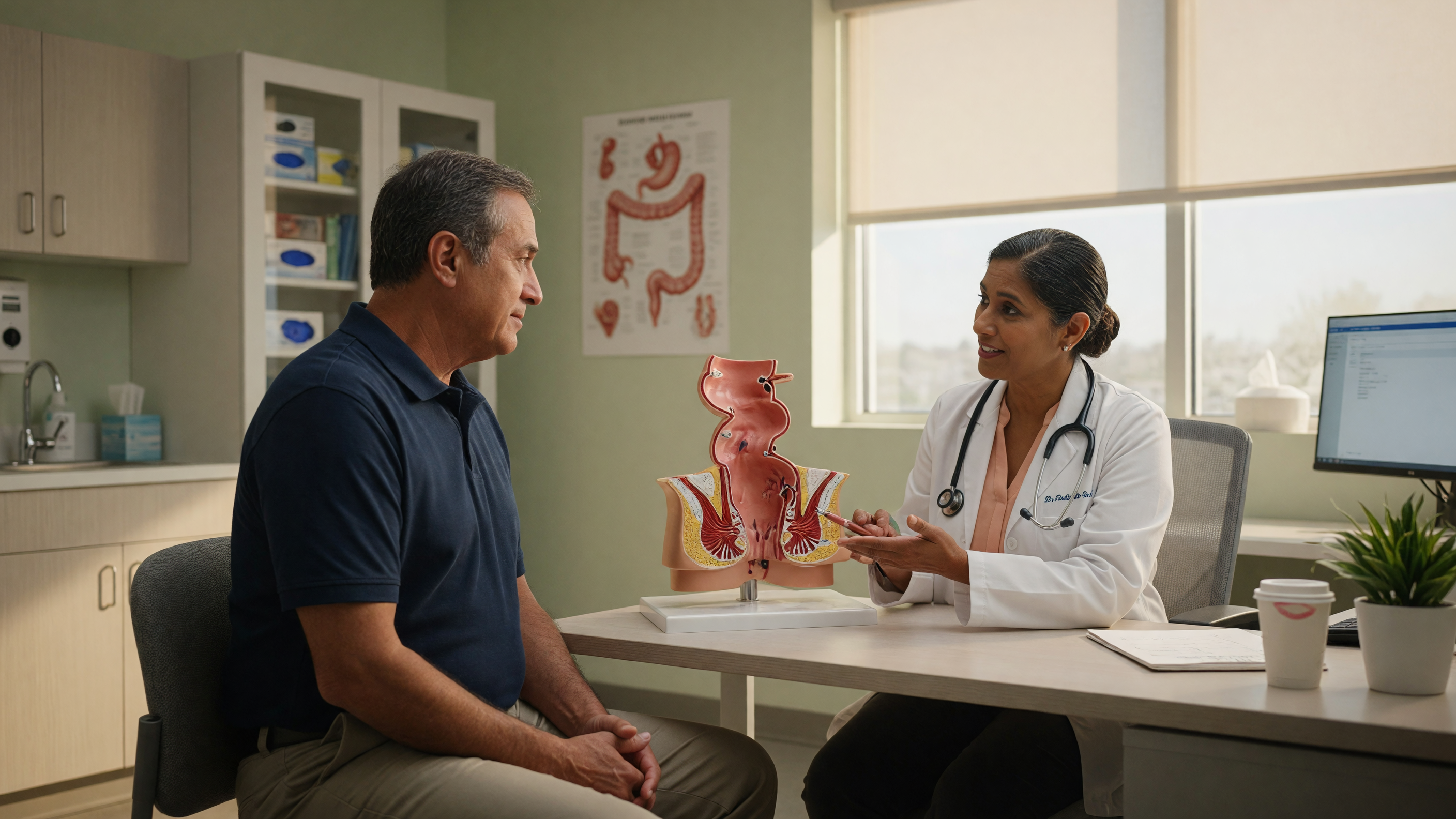 Doctor explaining piles symptoms and early signs of hemorrhoids to a patient at Lux Hospitals