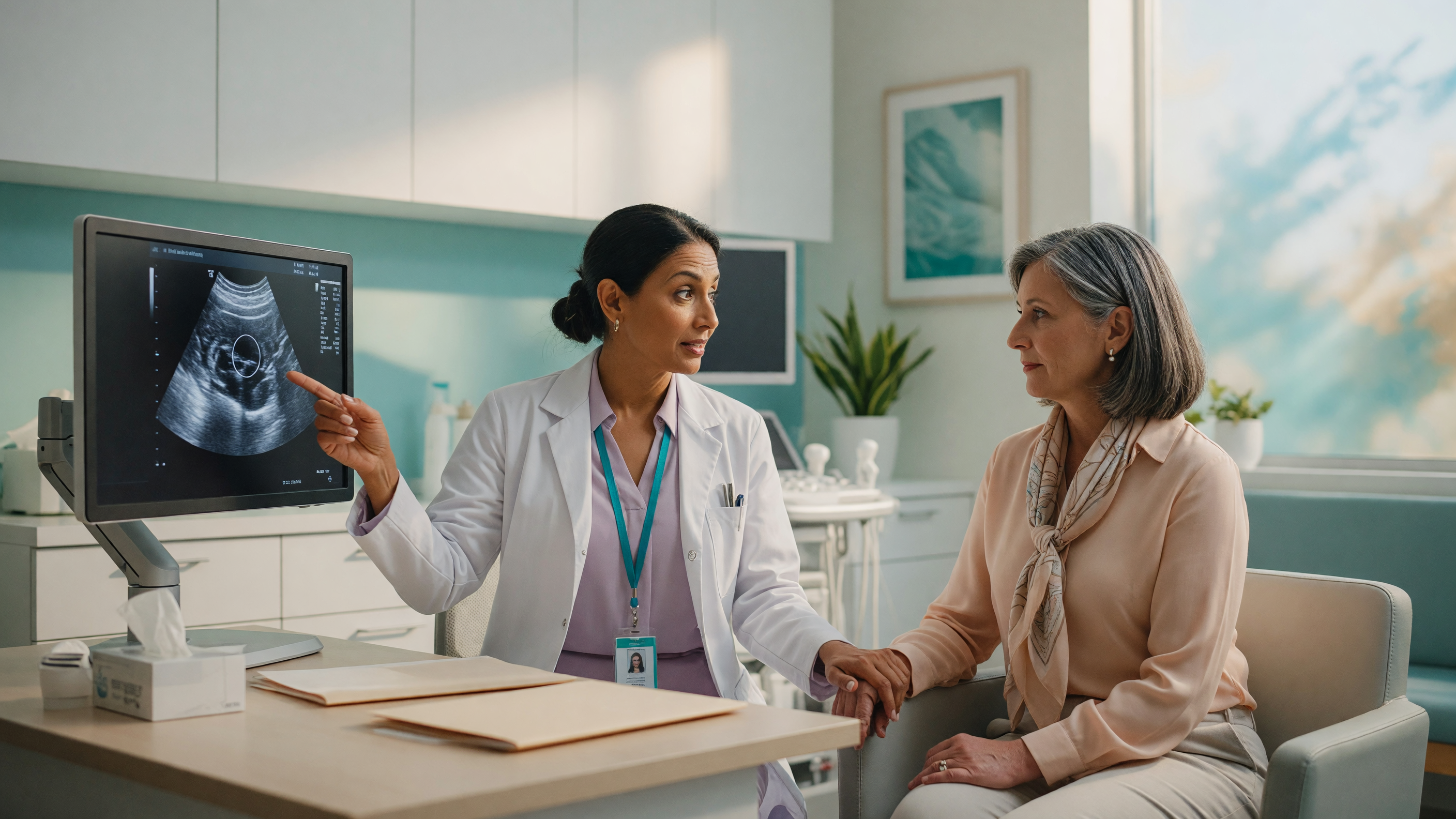 Breast specialist explaining breast lump vs cyst differences using an ultrasound image to a female patient at Lux Hospitals