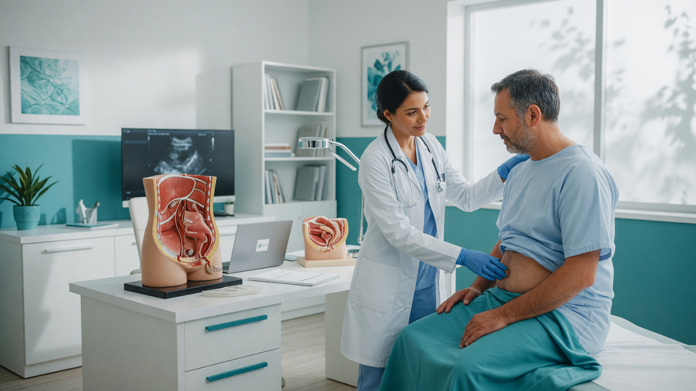 Doctor examining a patient's groin area for hernia symptoms during a consultation at Lux Hospitals
