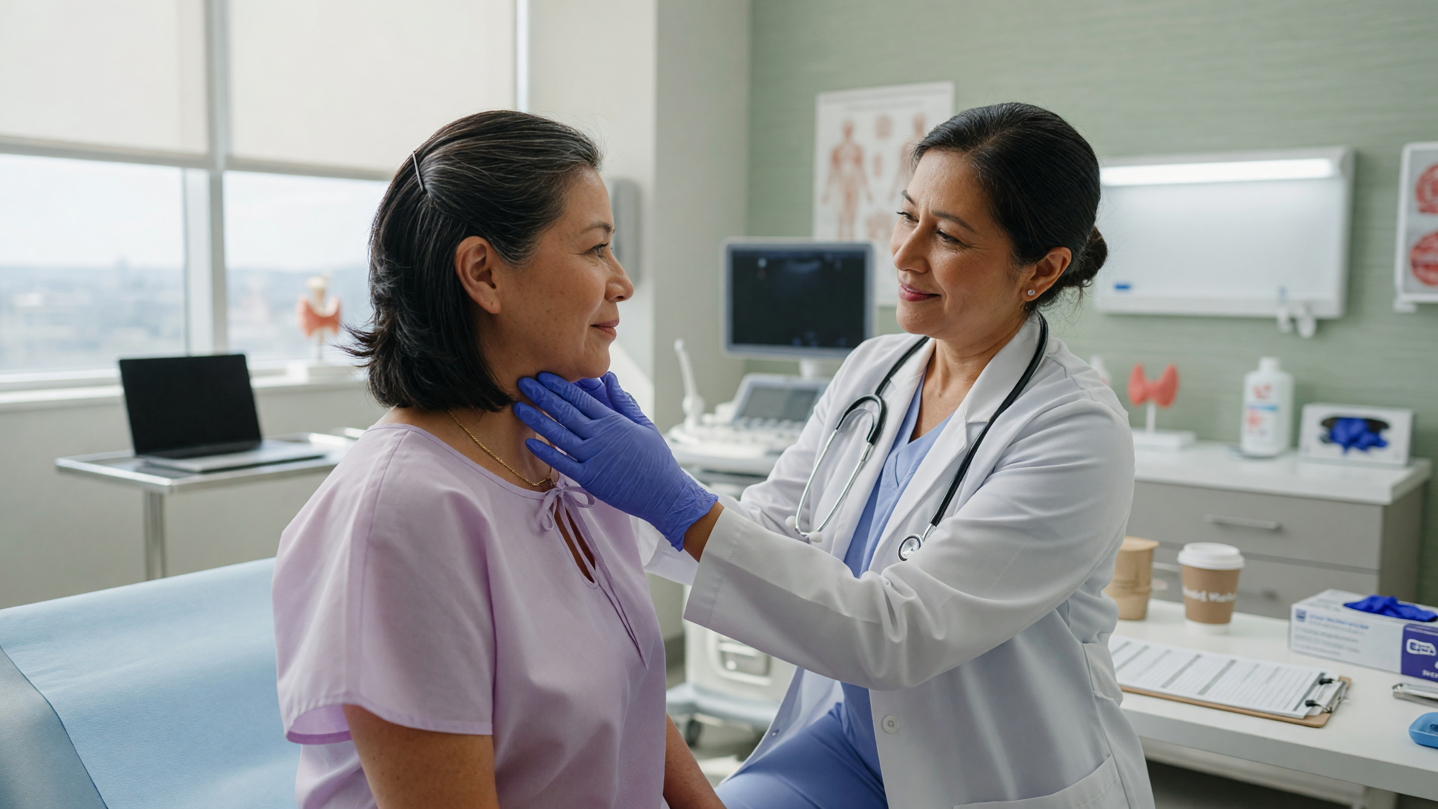 Doctor examining a patient's neck to evaluate a thyroid lump before surgery
