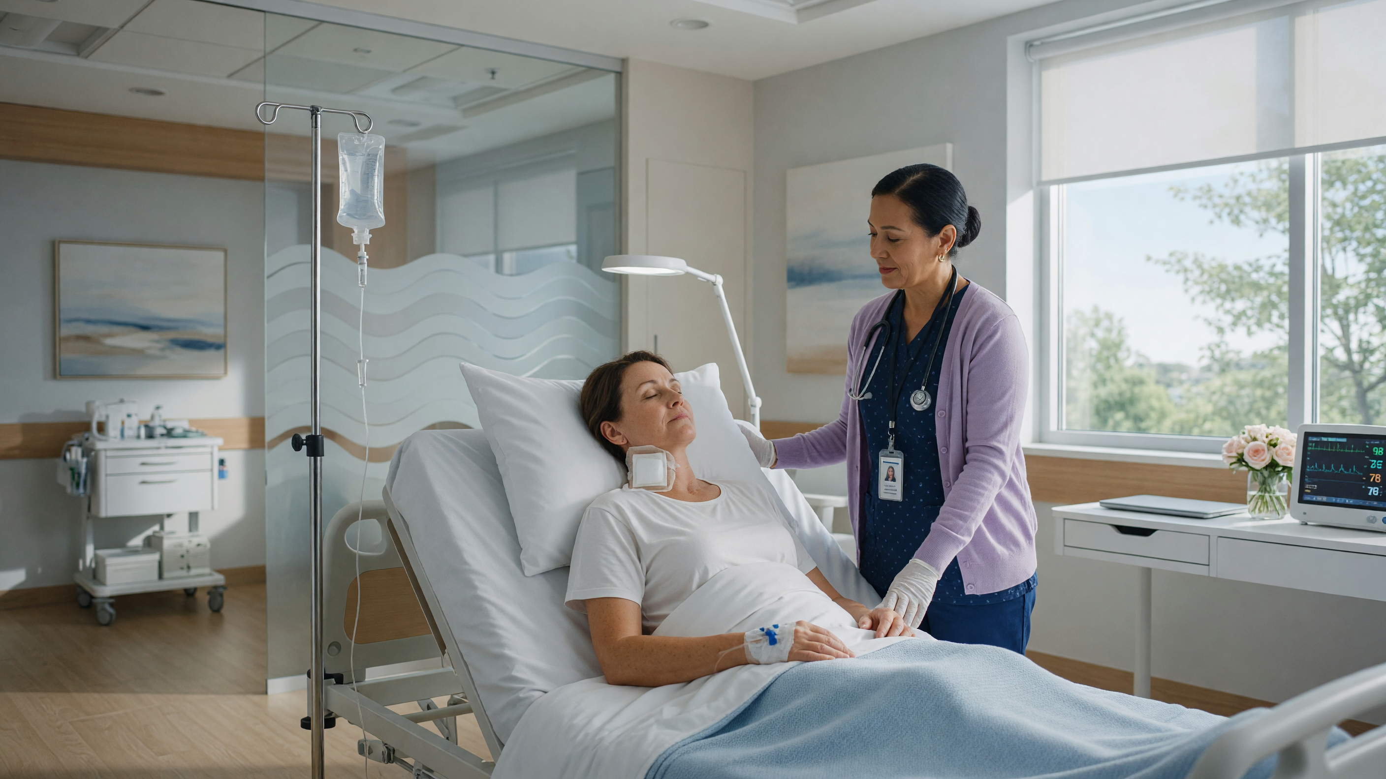 Patient during thyroid surgery recovery after thyroidectomy with neck incision care