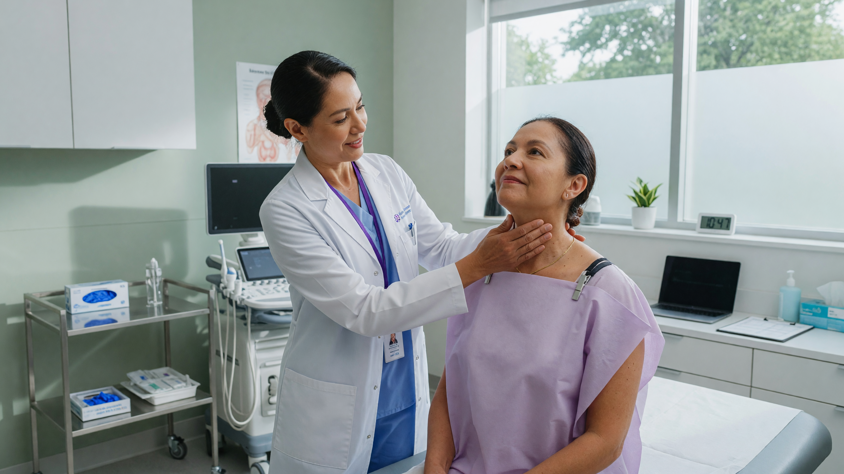 Doctor examining thyroid nodules on a patient's neck during consultation