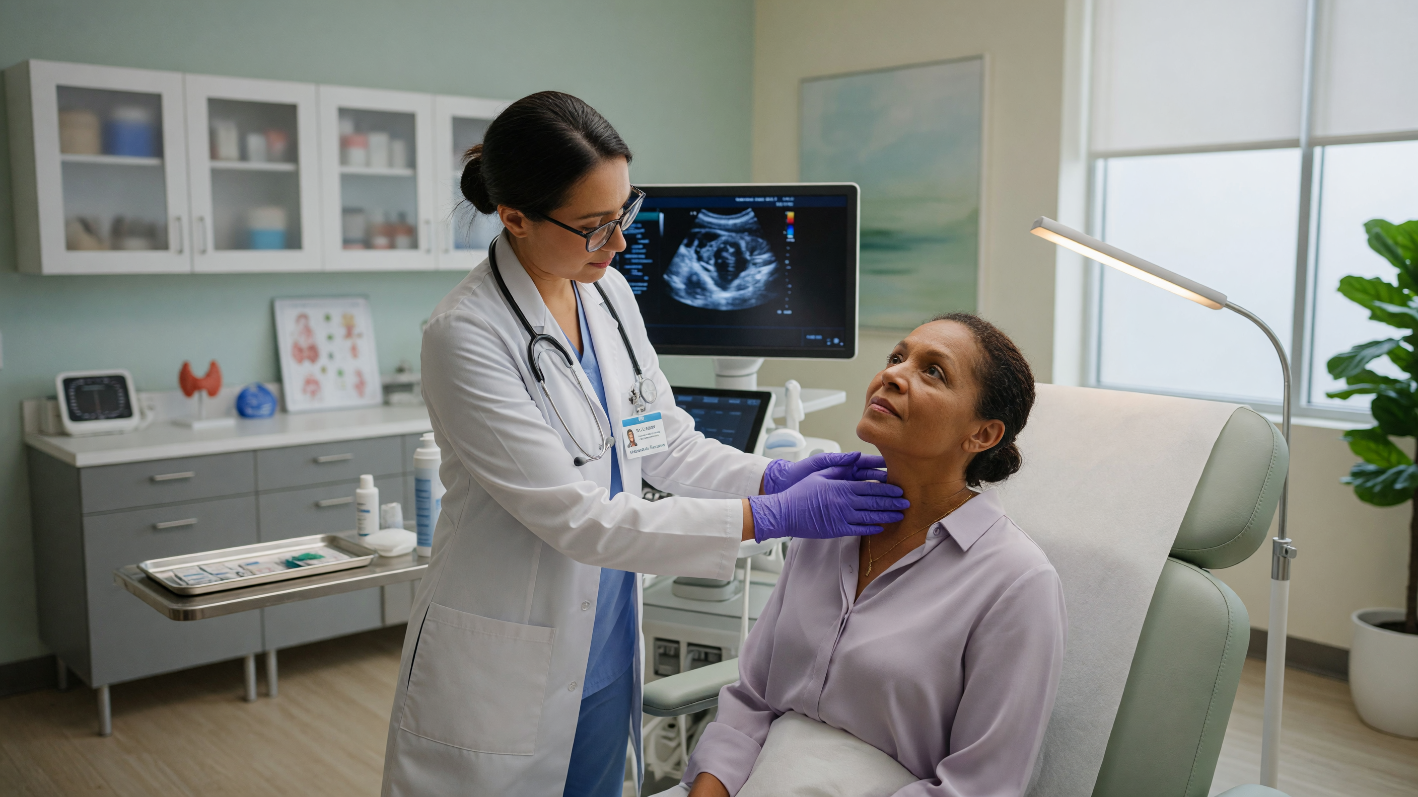 Surgeon examining a patient's neck to determine if thyroid surgery is necessary