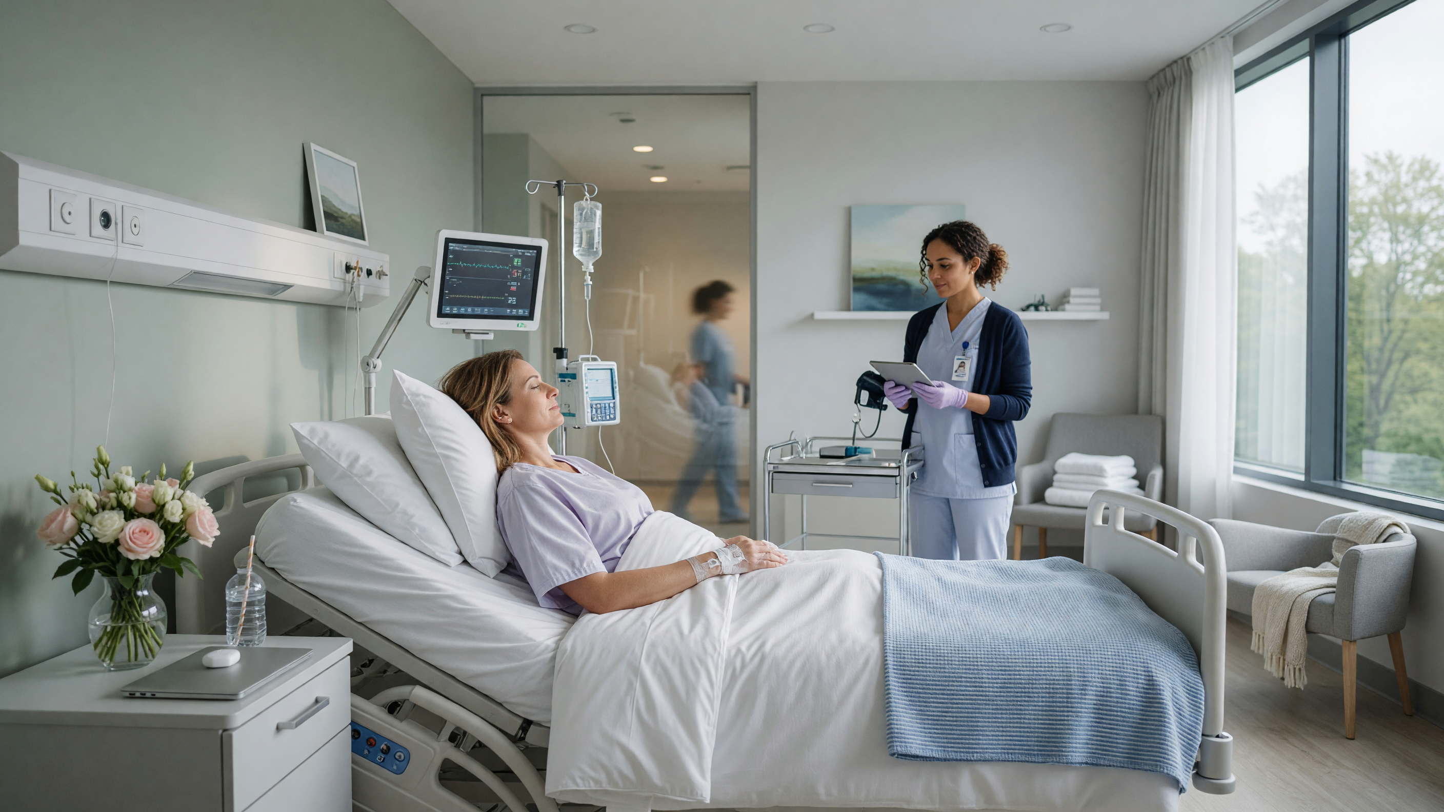 Patient resting comfortably during piles surgery recovery in a modern hospital room