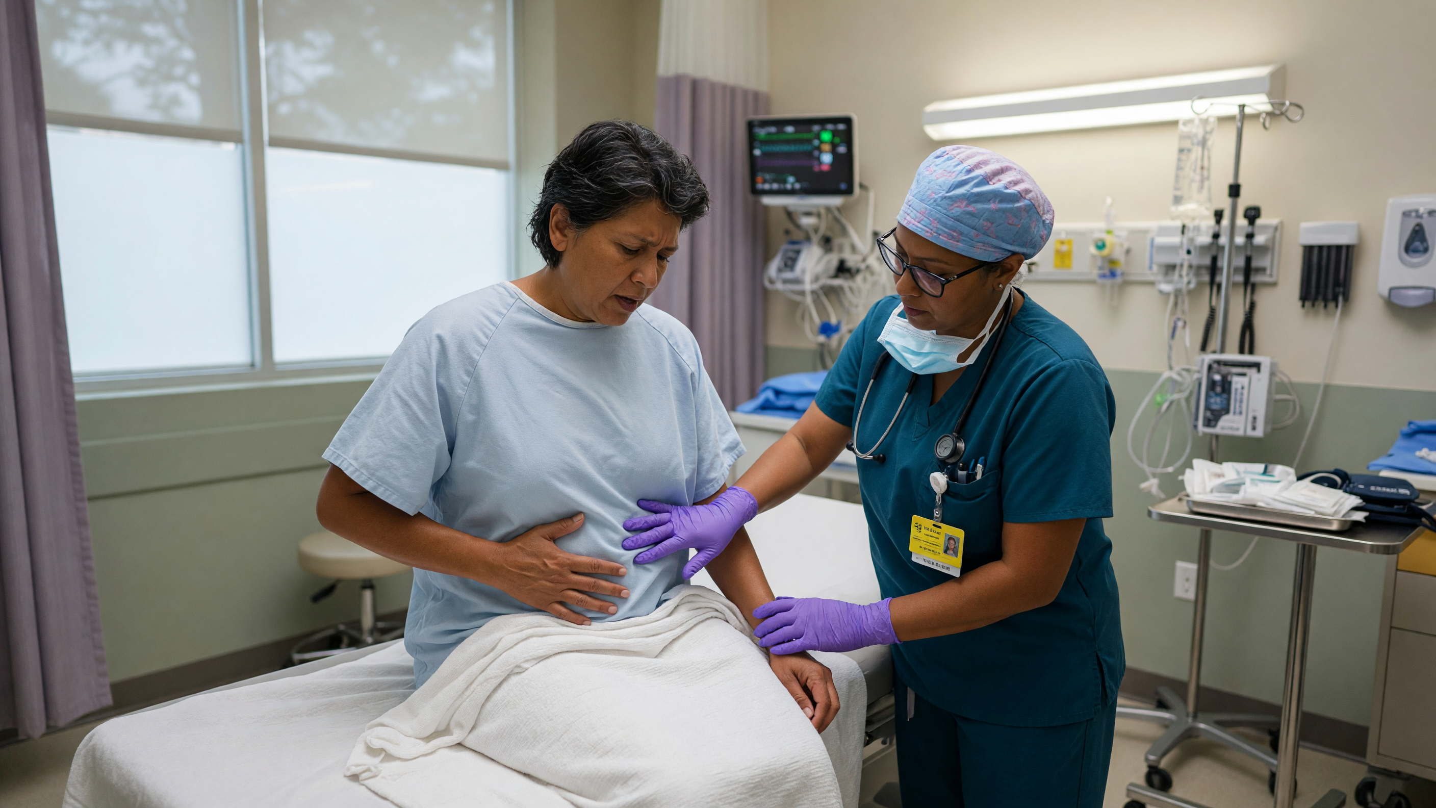 Surgeon examining a patient with untreated appendicitis abdominal pain in hospital