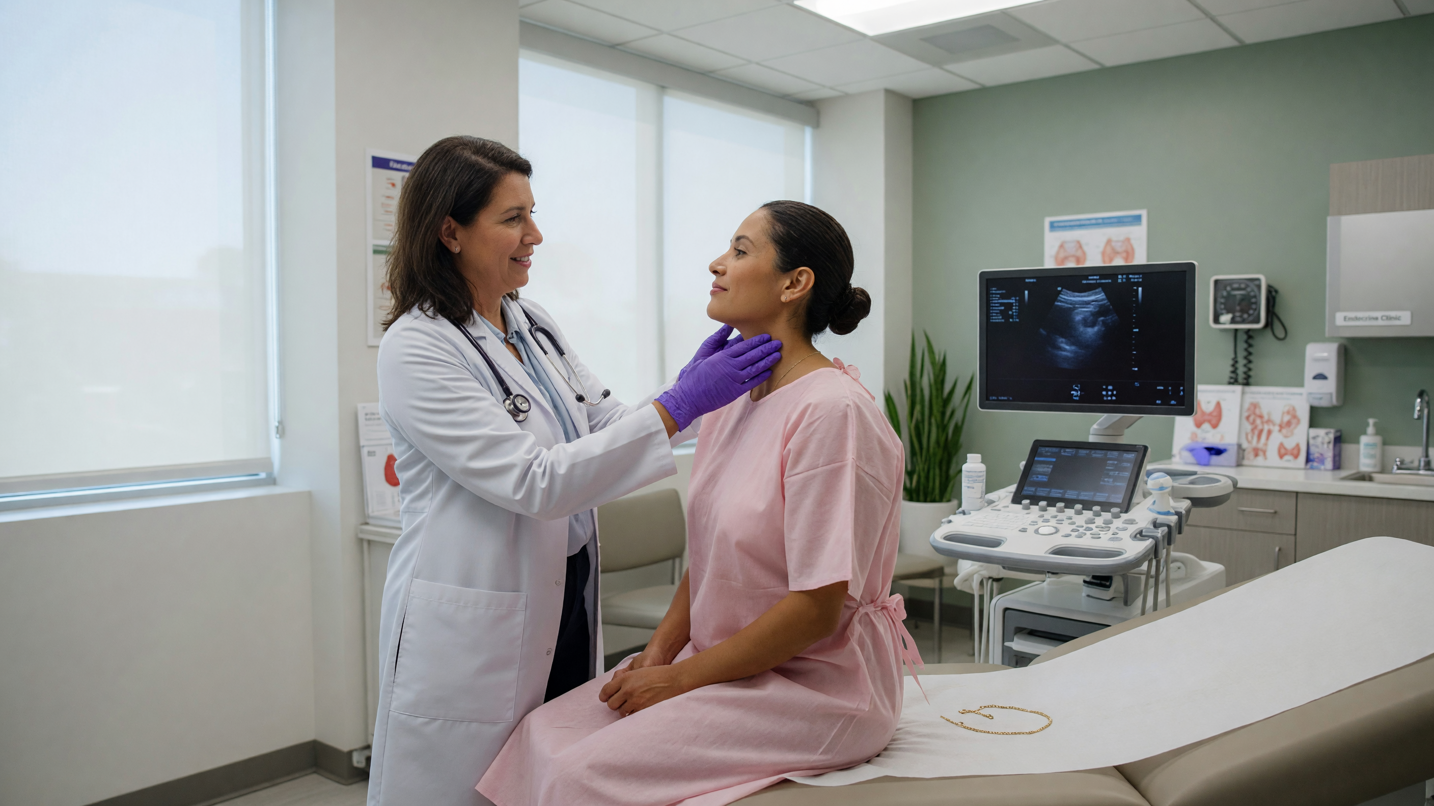 Doctor examining a patient's neck to identify thyroid nodule causes