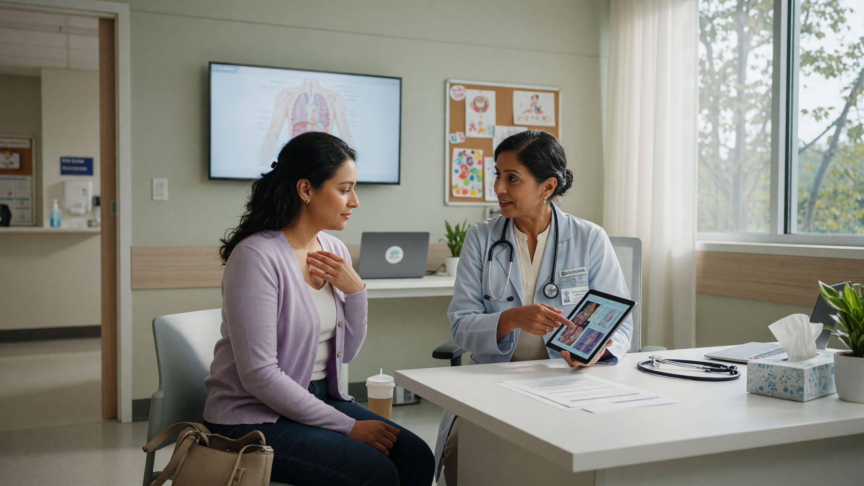 Woman consulting a doctor about breast pain during a clinical examination at Lux Hospitals