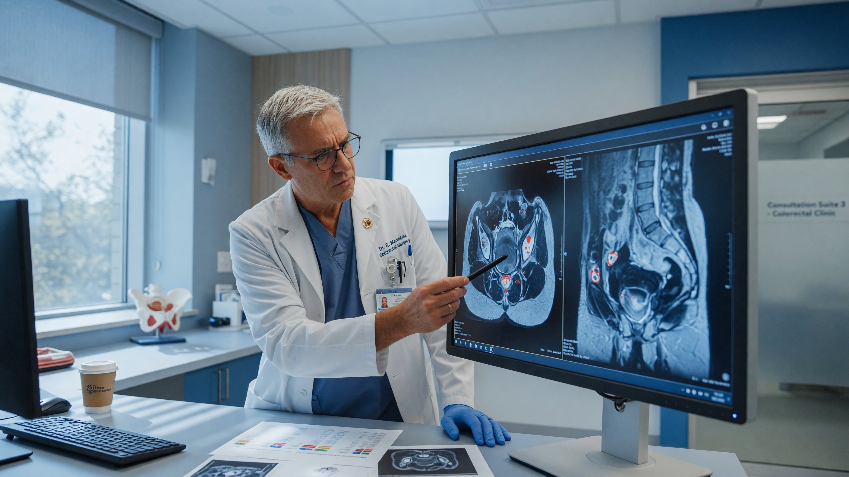 Colorectal surgeon reviewing MRI scan of a recurrent fistula at Lux Hospitals