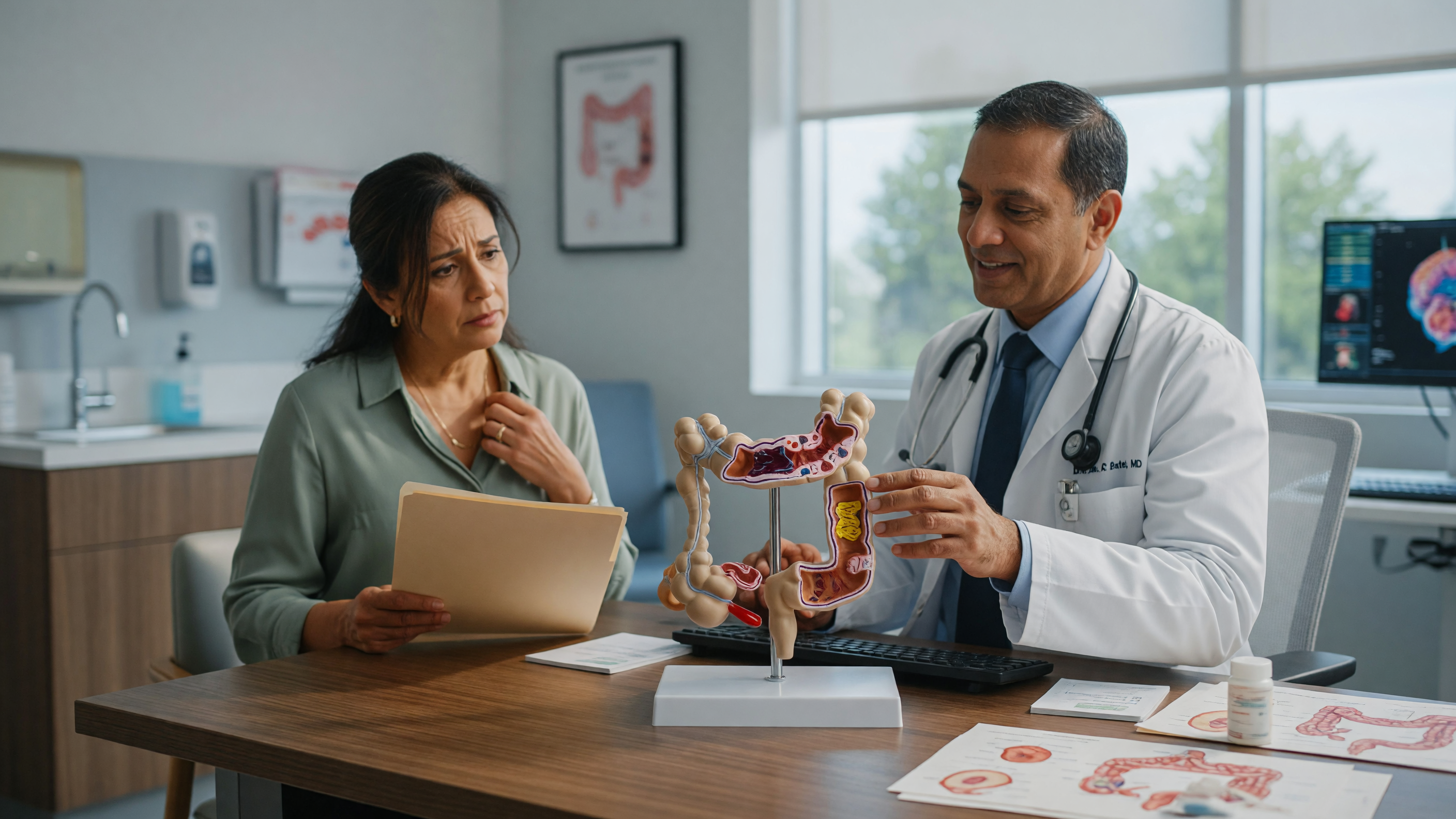 Doctor explaining how chronic constipation can damage the colon using a digestive system model