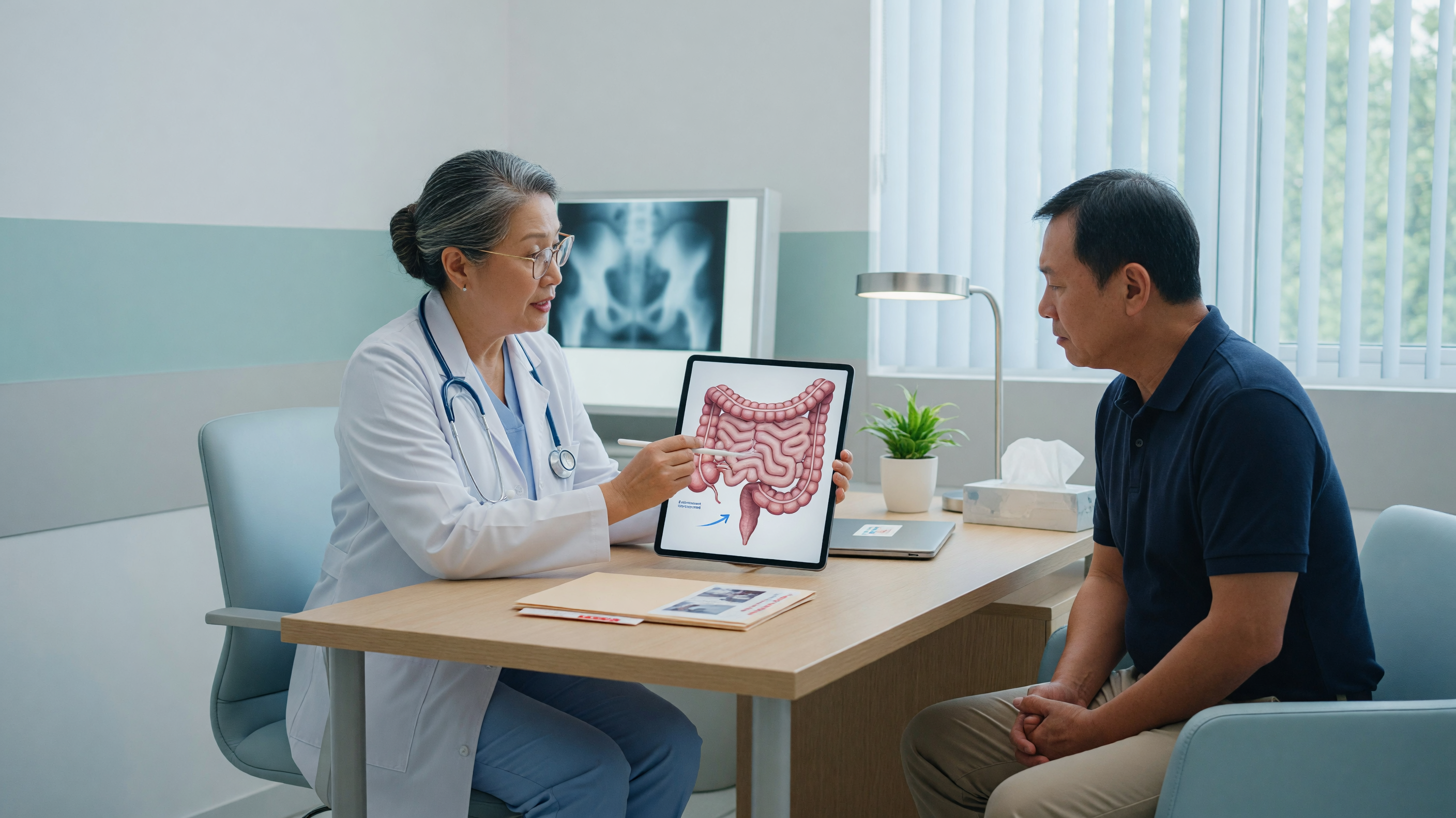 Doctor explaining risks of an untreated fistula to a patient in a hospital consultation
